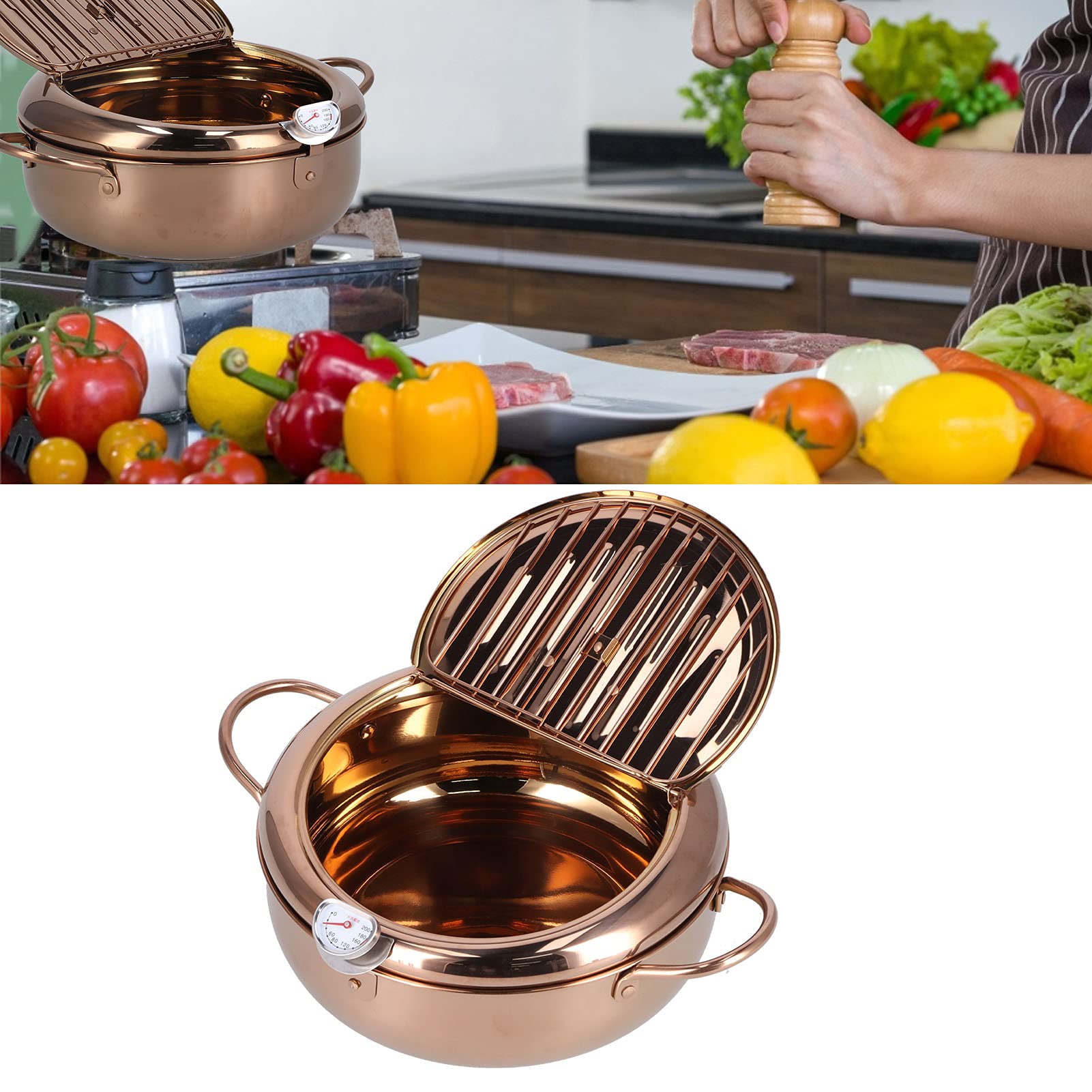 Friteuse Tempura, Marmite à Frire Japonaise Petite Friteuse en Acier Inoxydable avec Thermomètre 3.4L Marmite de Friture Profonde Antiadhésive Accessoire de Batterie de Cuisine(Or rose)