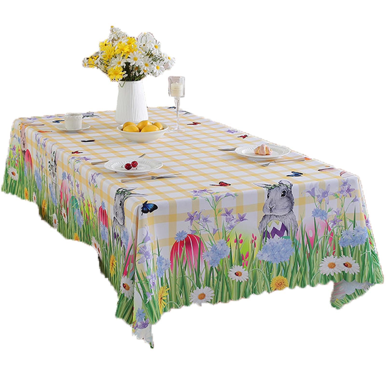 Easter Table Cloth Faux Linen Tablecloth Easter Eggs Tablecloth Waterproof Chick Bunny Egg Print Table Cloth Reusable Easter Decorations Table Cover for Easter Decorations (C 150 * 220CM)