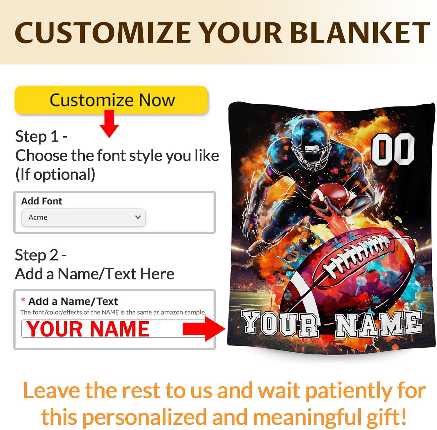 Personalized Name Football Blanket Gifts for Boys Age 8-12, 60x50 Inches Throw Size Football Team Blankets for Bed, Couch - Cool Sports Soft Plush Throws Gifts for Kids, Teens & Adults