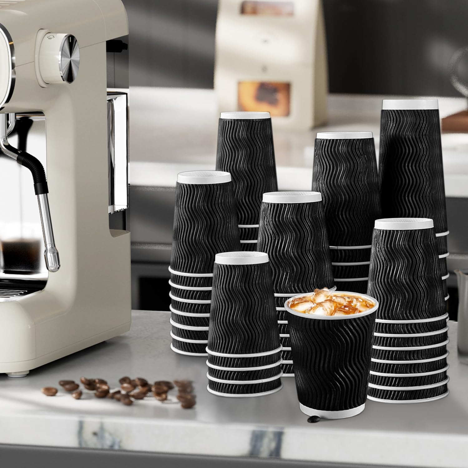 Lamosi 8 oz Disposable Coffee Cups - 120 Pack, Insulated Corrugated Paper Cups, Kraft Ripple Wall Cups for Hot Beverage or Cold Drinks (Black) - Image 6