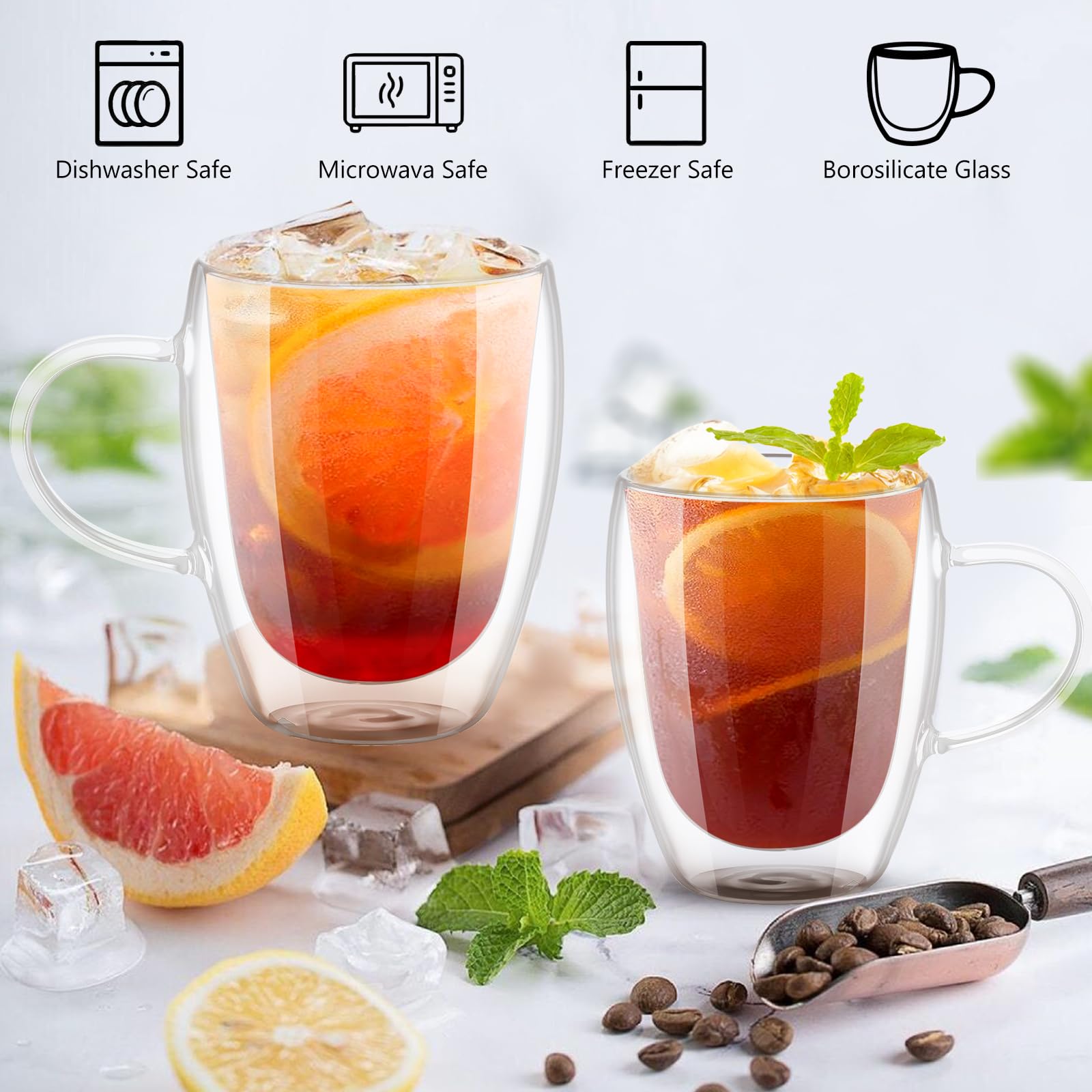 Esilihom 4 Pack Double Walled Coffee Glasses Mugs, 350ml/12oz Cappuccino Latte Macchiato Glasses Cups with Handle - Image 4