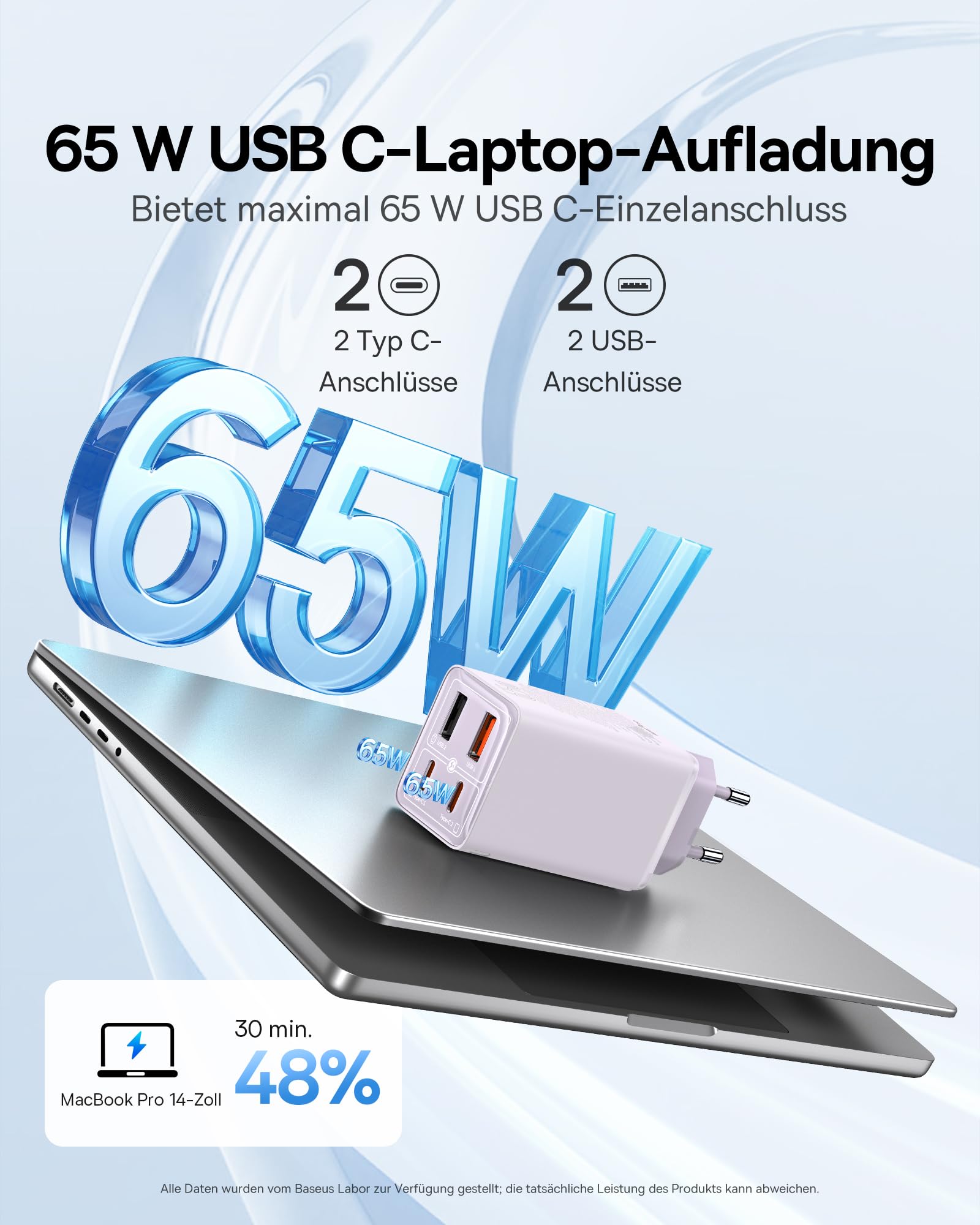 Baseus 65W Caricatore USB C GaN 6 Tech, Caricabatterie USB, Alimentatore USB C Compatibile con MacBook Air/Pro, Surface, iPhone 15/14/13, iPad, Samsung Galaxy S23 Ultra/S23+/S22, Pixel, Viola