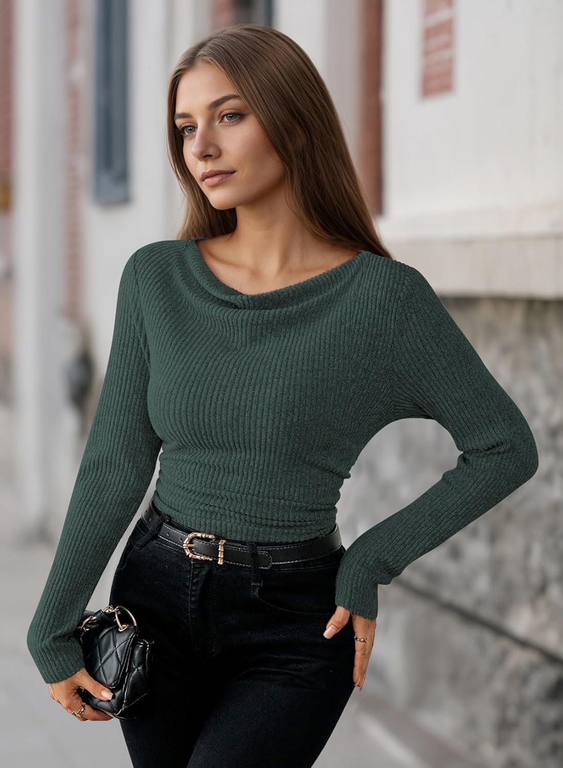 Pink Queen 2026 Spring Cowl Neck Tops for Women Long Sleeve Ruched Slim Fit Ribbed Knit Basic Shirts - Image 7