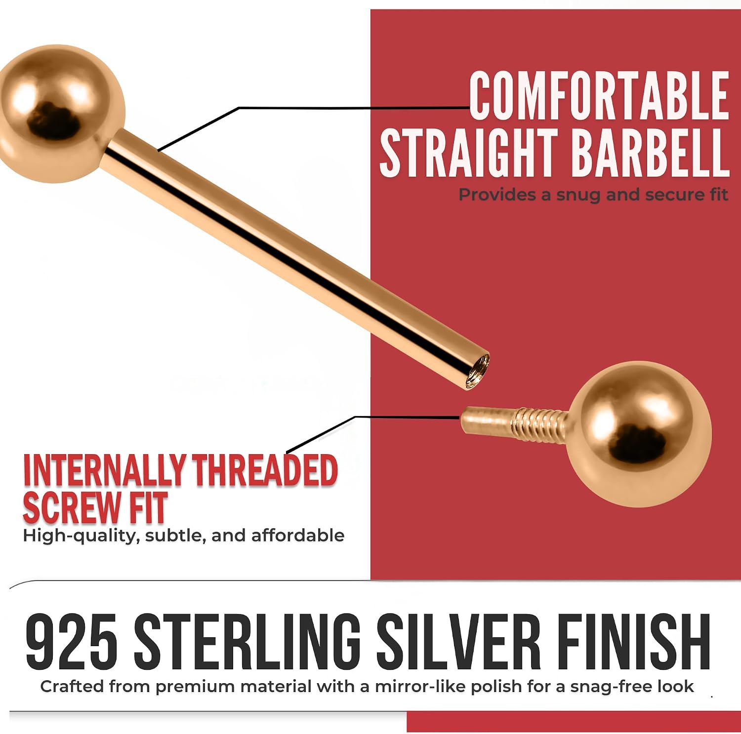 925 Sterling Silver Internally Threaded 14 Gauge Straight Barbell with Ball Tongue Bar Body Piercing Jewelry