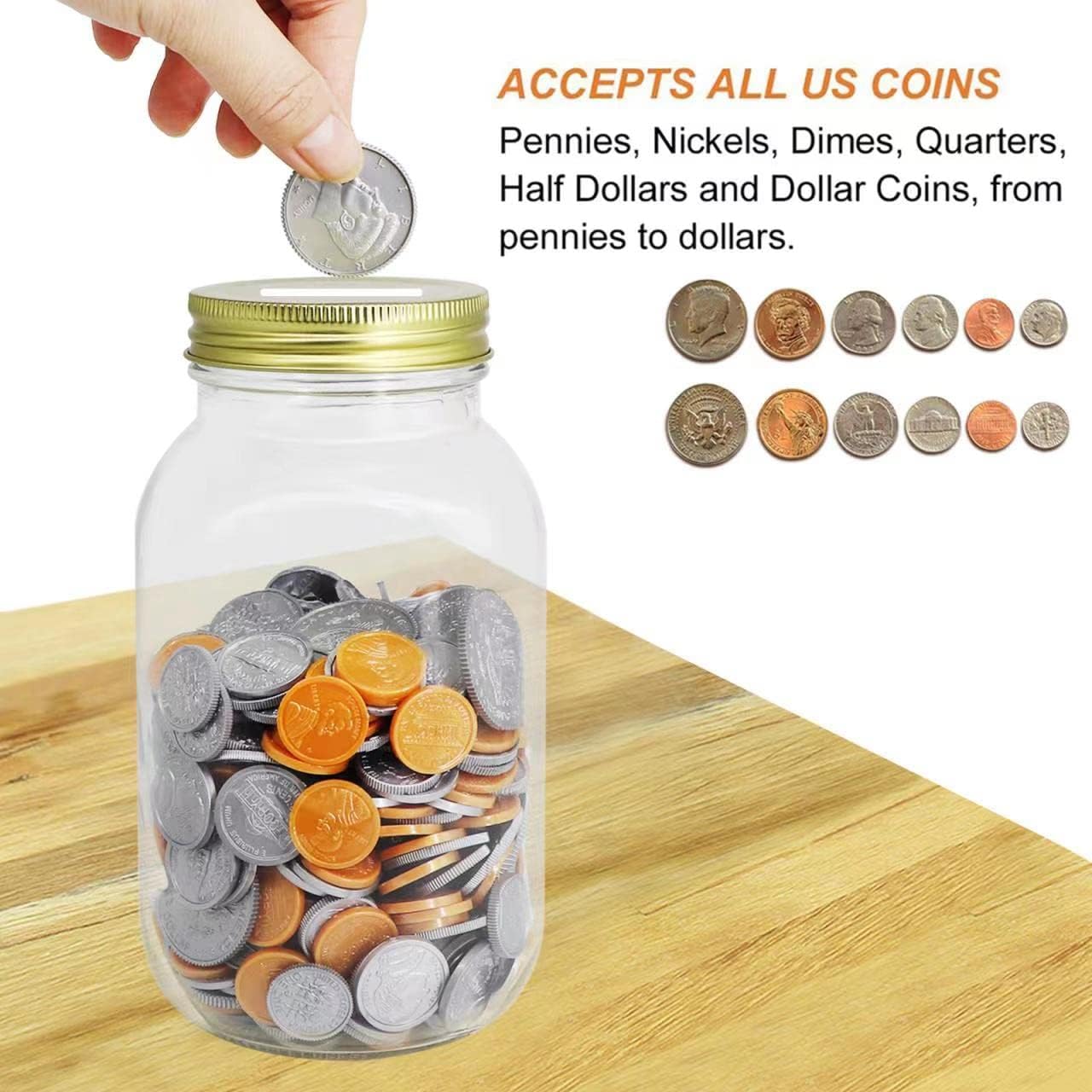 Clear Glass Coin Bank Jar with Slotted Gold Lid, Money Coin Tip Piggy Bank Box Jug for Adults Teens Kids Girls Boys