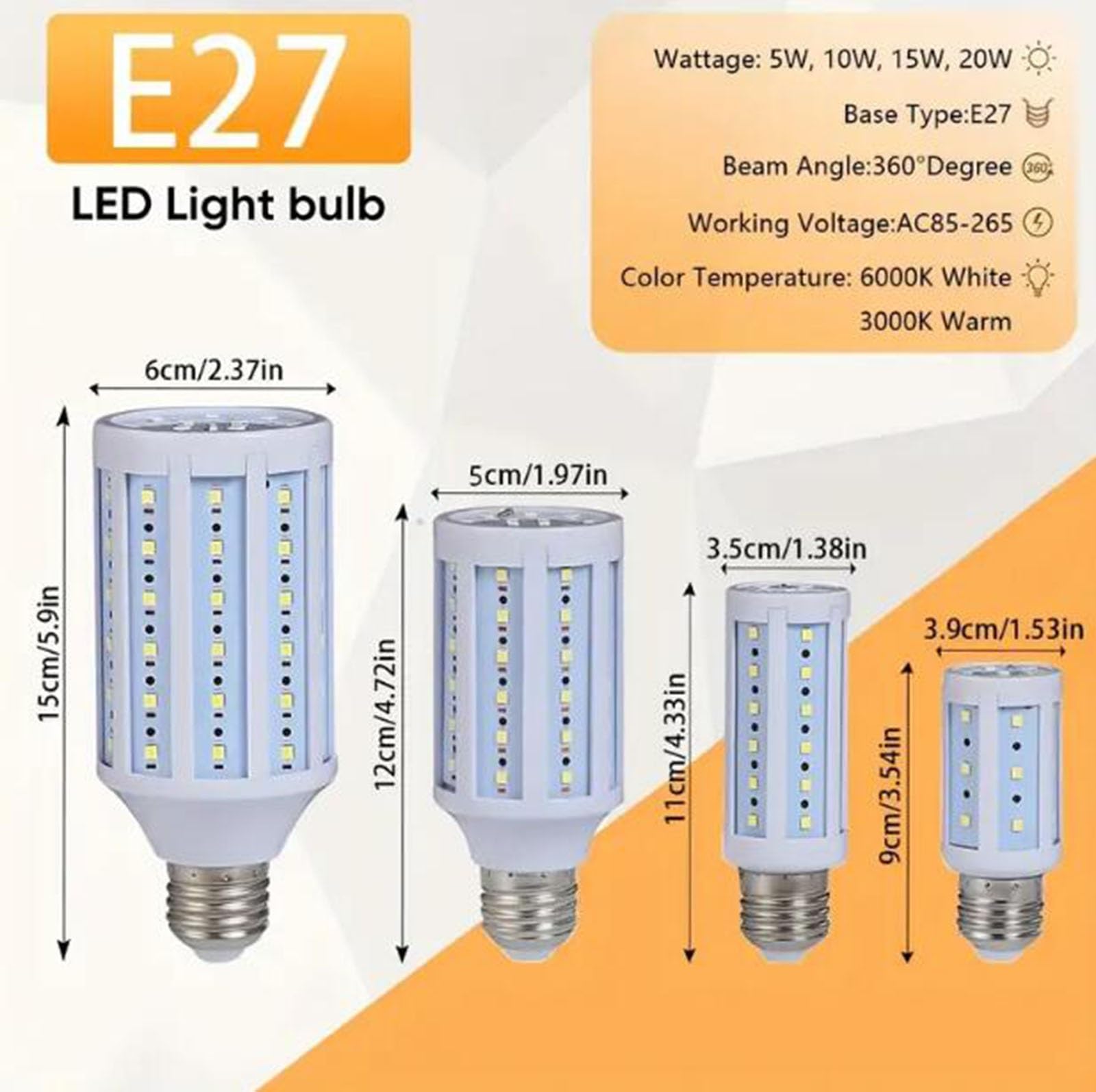 Bombilla LED E27 5w-20w Equivalente 40w-160w Bombillas Iluminación Sin Parpadeo Ahorro Energía Para Iluminación Exterior áreas Calles Almacenes Estacionamientos(E27 20W cool white 6500K,6PCS)