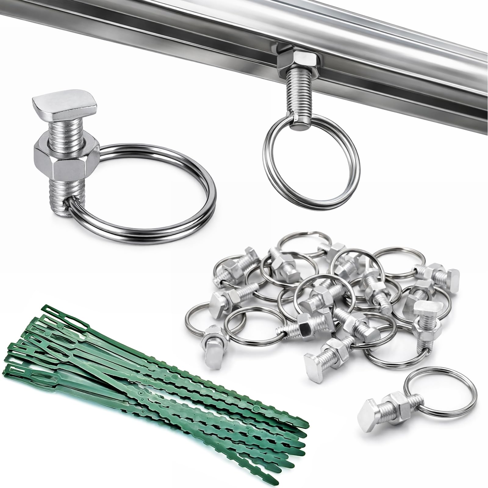 15 Pack Greenhouse Bolts and Rings, Aluminium Cropped Head Greenhouse Bolts and Nuts Accessories with Plant Ties, Plant Hangers Create Fixing Anchors in Channels for New Installations and Repairs