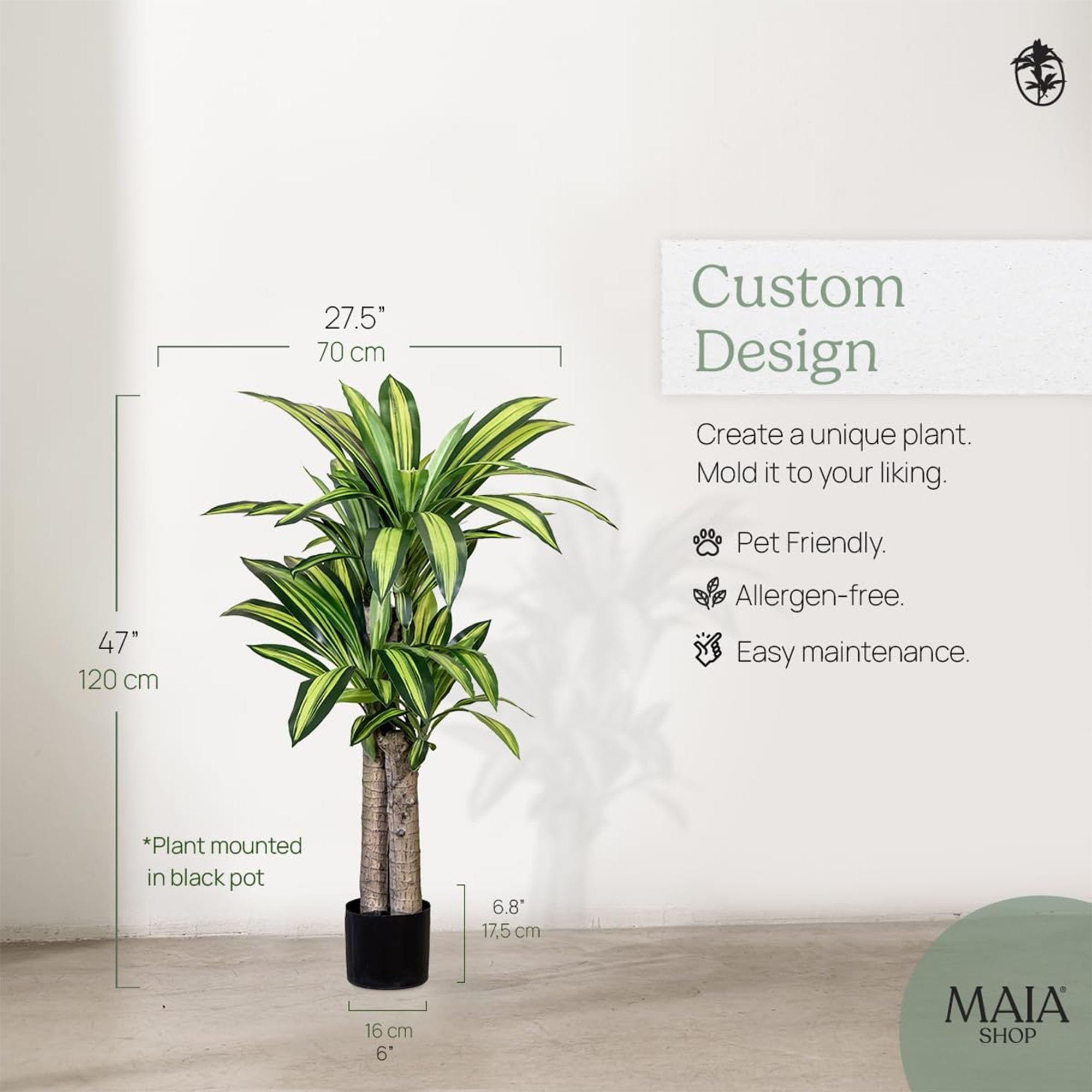 Maia Shop Dracena 120 cm - Pianta Artificiale da Interno | Pianta Artificiale Alta con Foglie Realistiche per Casa Soggiorno Ingresso Ufficio - Vaso Nero Incluso