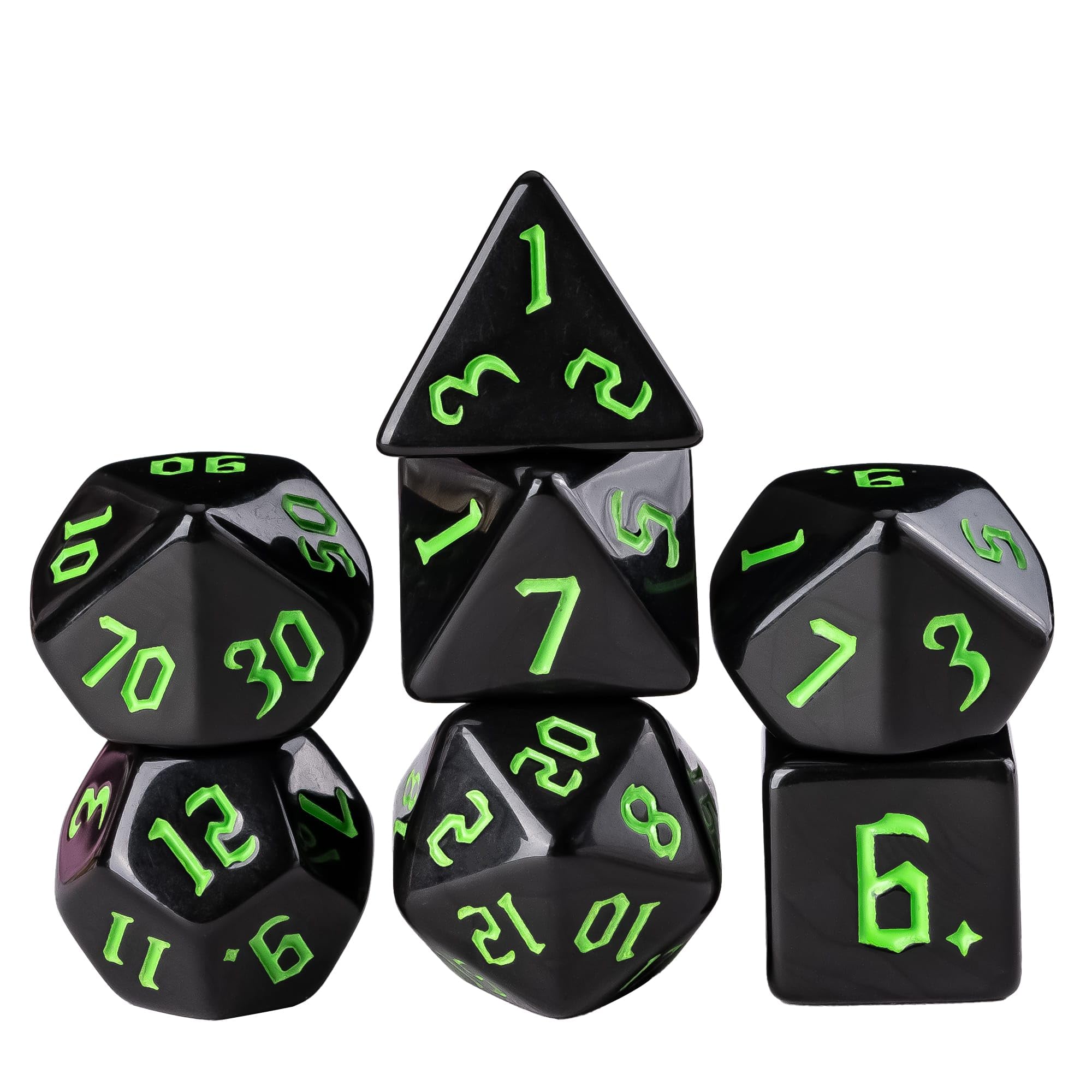 Cusdie 7Pcs/Set DND Dice Set D&D Polyhedral Dice for Dungeons and Dragons TTRPG Role Playing Dice Games RPGs (Black w/Green Numbers)