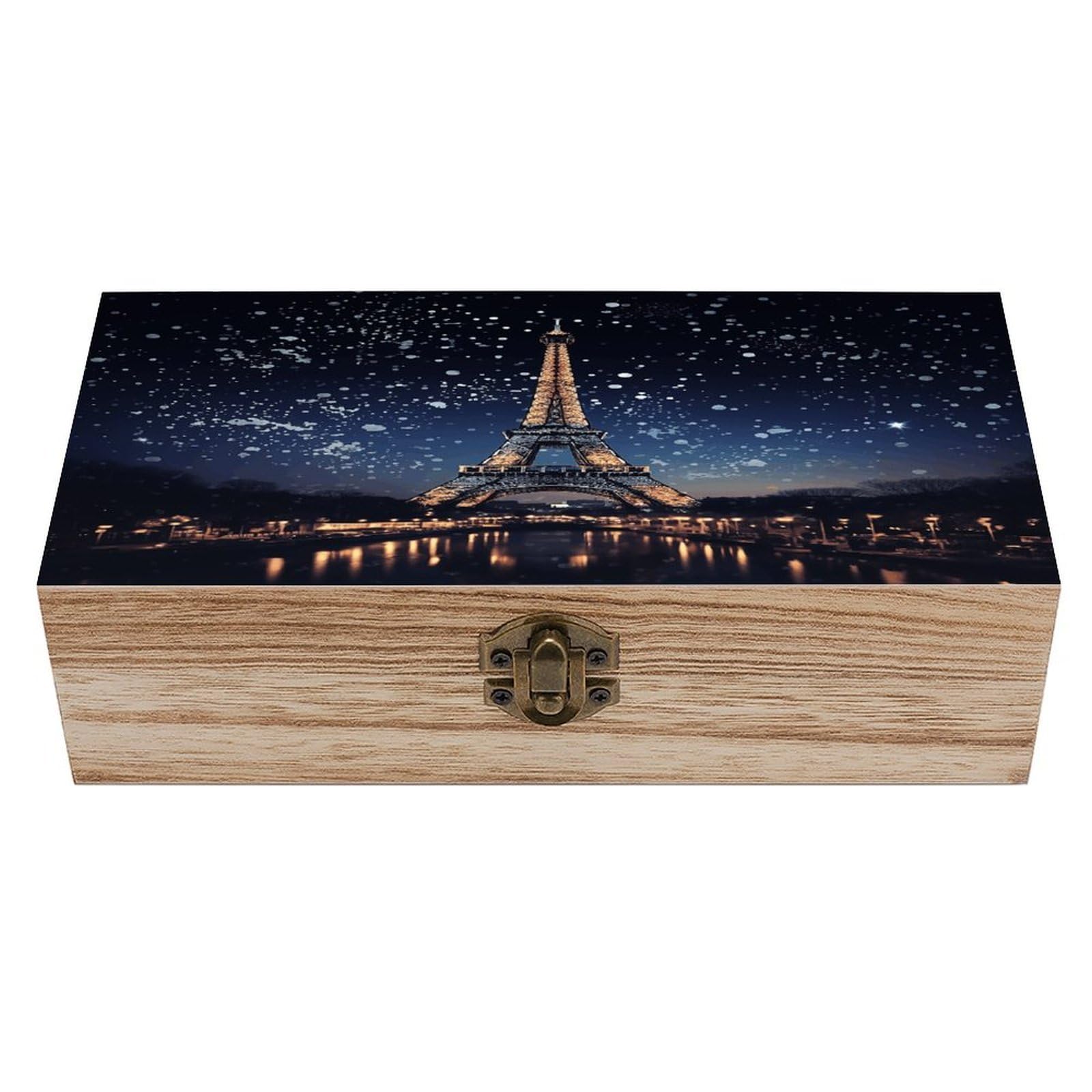 VstaDank Night Paris Eiffel Tower Wooden Storage Box Wooden Keepsake Box with Hinged Lid Exquisite Solid Wood Decorative Jewelry Case Memory Box for Jewelry Photos Letters Crafts Trinkets