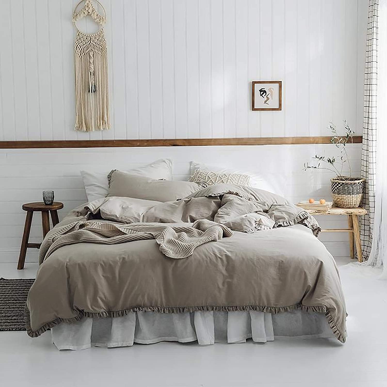 MGEMJMJ Solid Color 100% Washed Cotton Duvet Cover,Vintage Ruffle Comforter Cover,Farmhouse Rustic Soft Breathablequilt Cover With Zipper(Size:200x230cm(79x91inch),Color:C)