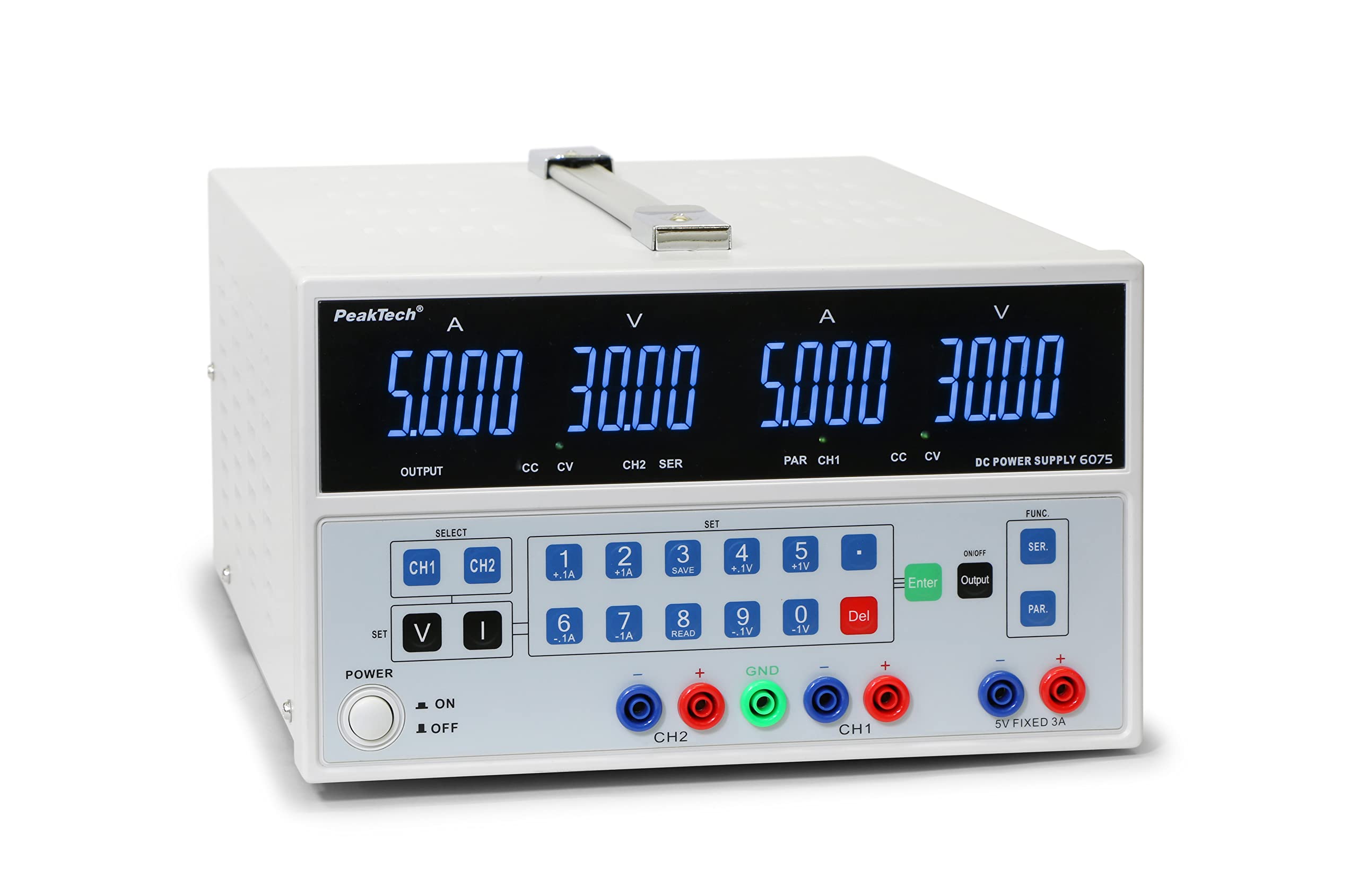 PeakTech - Alimentatore da laboratorio digitale doppio, 0-30 V / 0-5 A DC con USB, stabilizzato, lineare, 1 mA e risoluzione 10 mV, senza ventola, 1 pezzo, P 6075