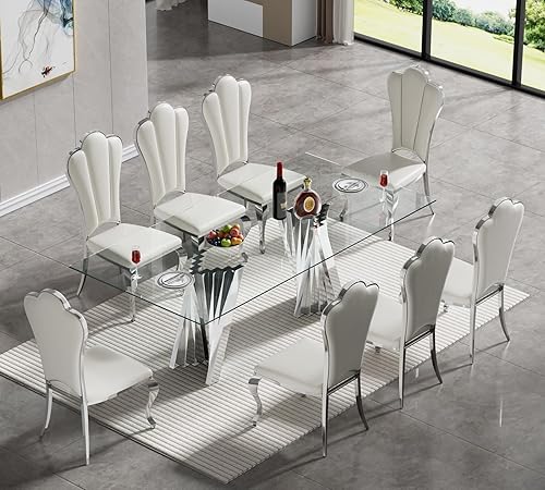 Miniatura 33 de SSLine Moderno juego de mesa de comedor de cristal de 7 piezas para 6 mesas de cocina y sillas de cristal dorado de lujo para 6 elegantes mesas de