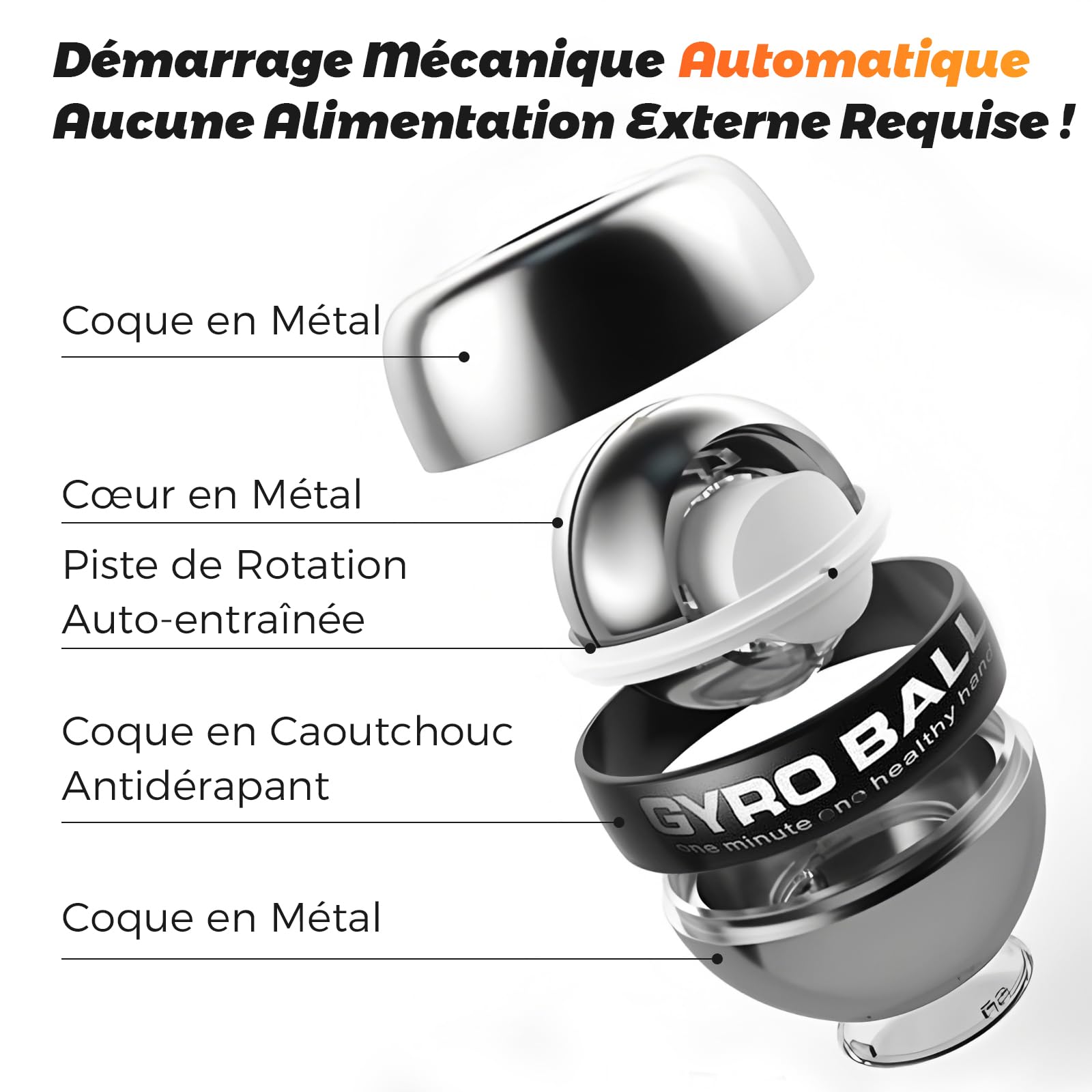 Boule de Gymnastique en Métal Plein, Balle d'entraînement pour Poignets, Départ Automatique, Résistance à 5 Niveaux, Entraîneur d'avant-bras Gyroscopique, pour le Renforcement des Bras, des