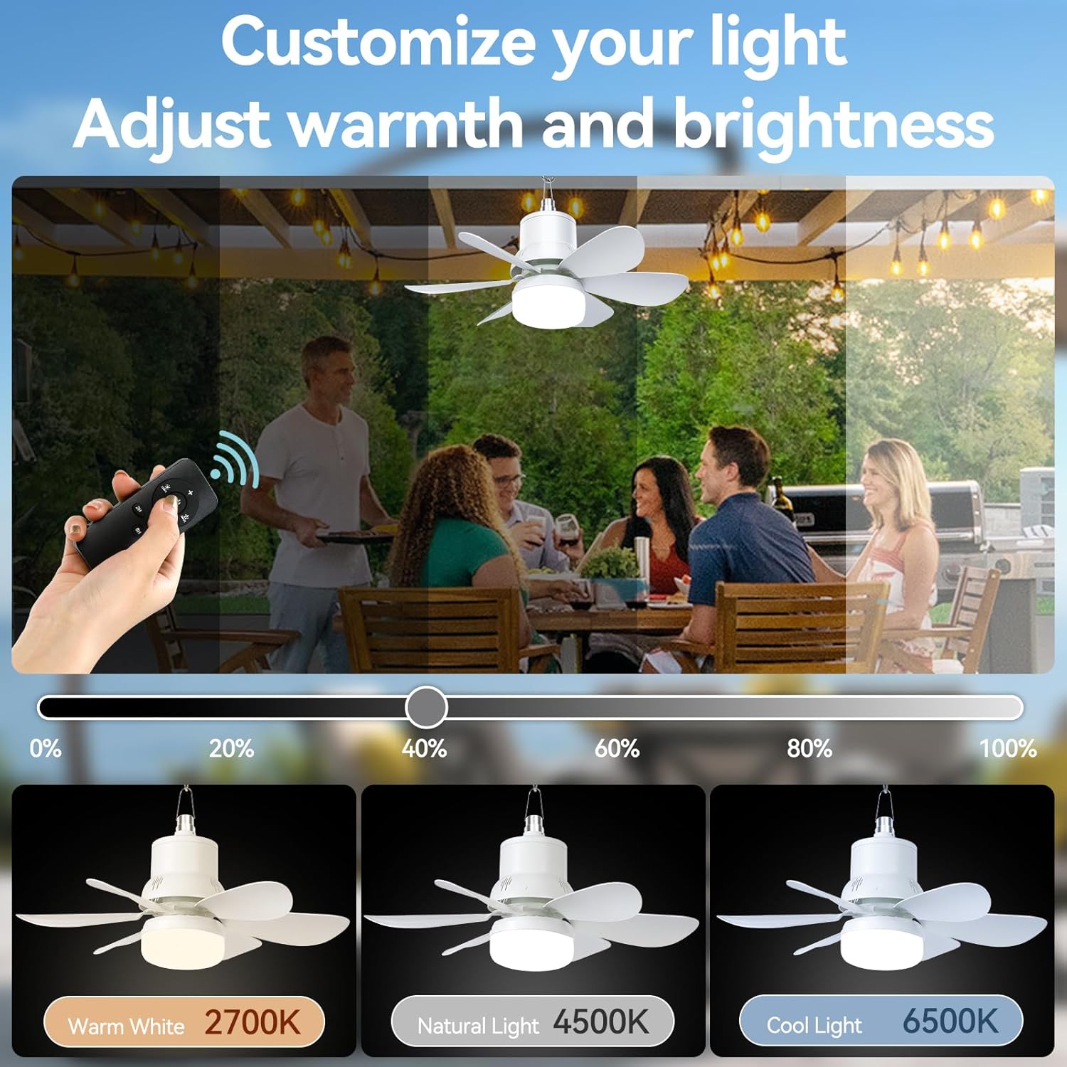 Solar Ceiling Fan Light, Portable Outdoor Solar Fan with Remote Control & Battery for Gazebo, Tent, Patio, Camping, and Chicken Coop