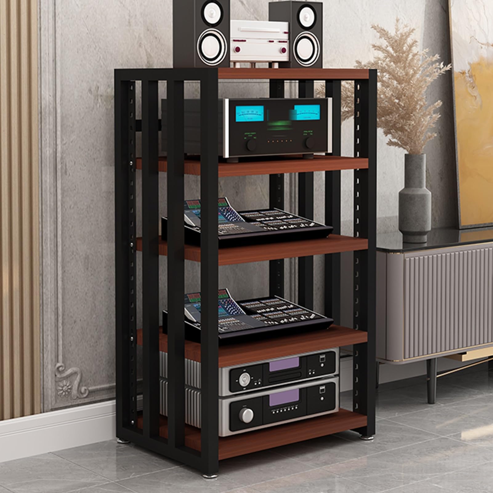 Gabinete de audio Hi Fi de 5 capas en color nogal y estantes ajustables con marco de acero