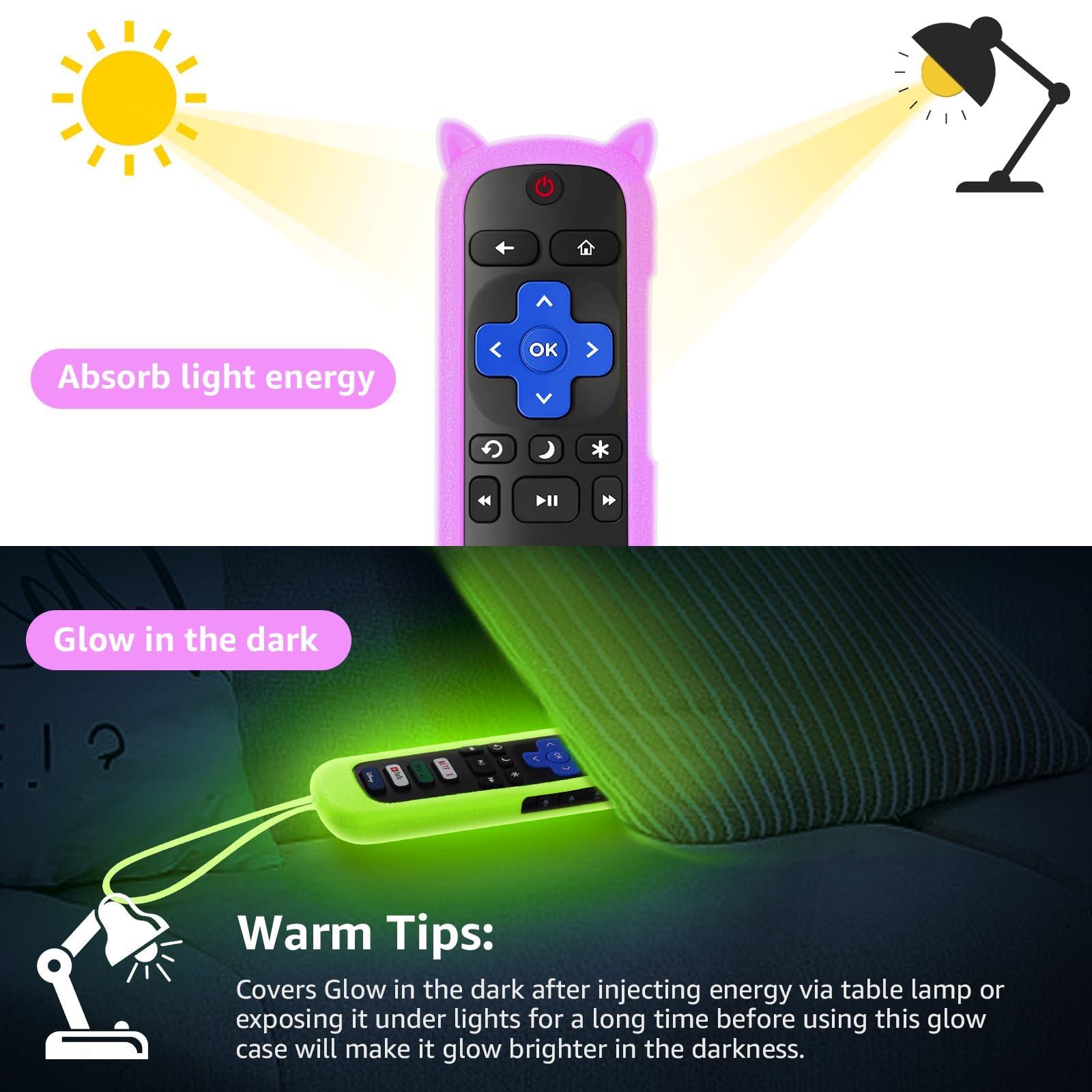 Confezione da 2 telecomandi di ricambio per Roku TV con custodia protettiva morbida (si illumina al buio), telecomando compatibile con TV TCL/Hisense/Sharp/Philips/Onn/Element Roku (non per