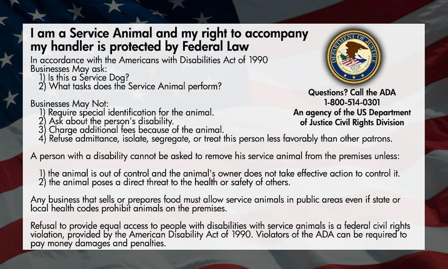 ADA Service Dog Law Cards 2025 - The Original 50 ADA Service Dog Information Cards - These Card State Your Legal Rights - Let People Know Your Rights