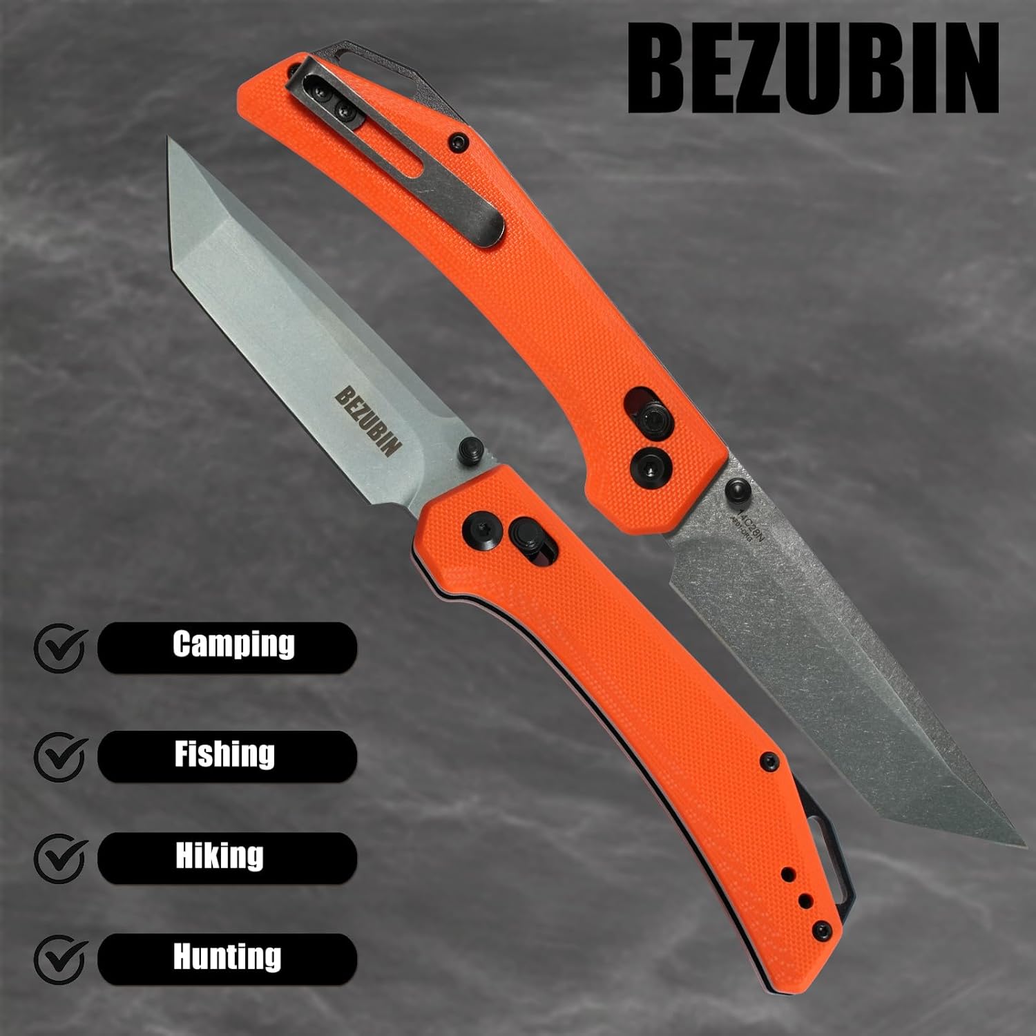 Axis Lock Folding Knife With Pocket Clip,14C28N Steel Blade,Orange G10 Handle,EDC Pocket Knife for Camping Fishing Hiking Outdoor Survival