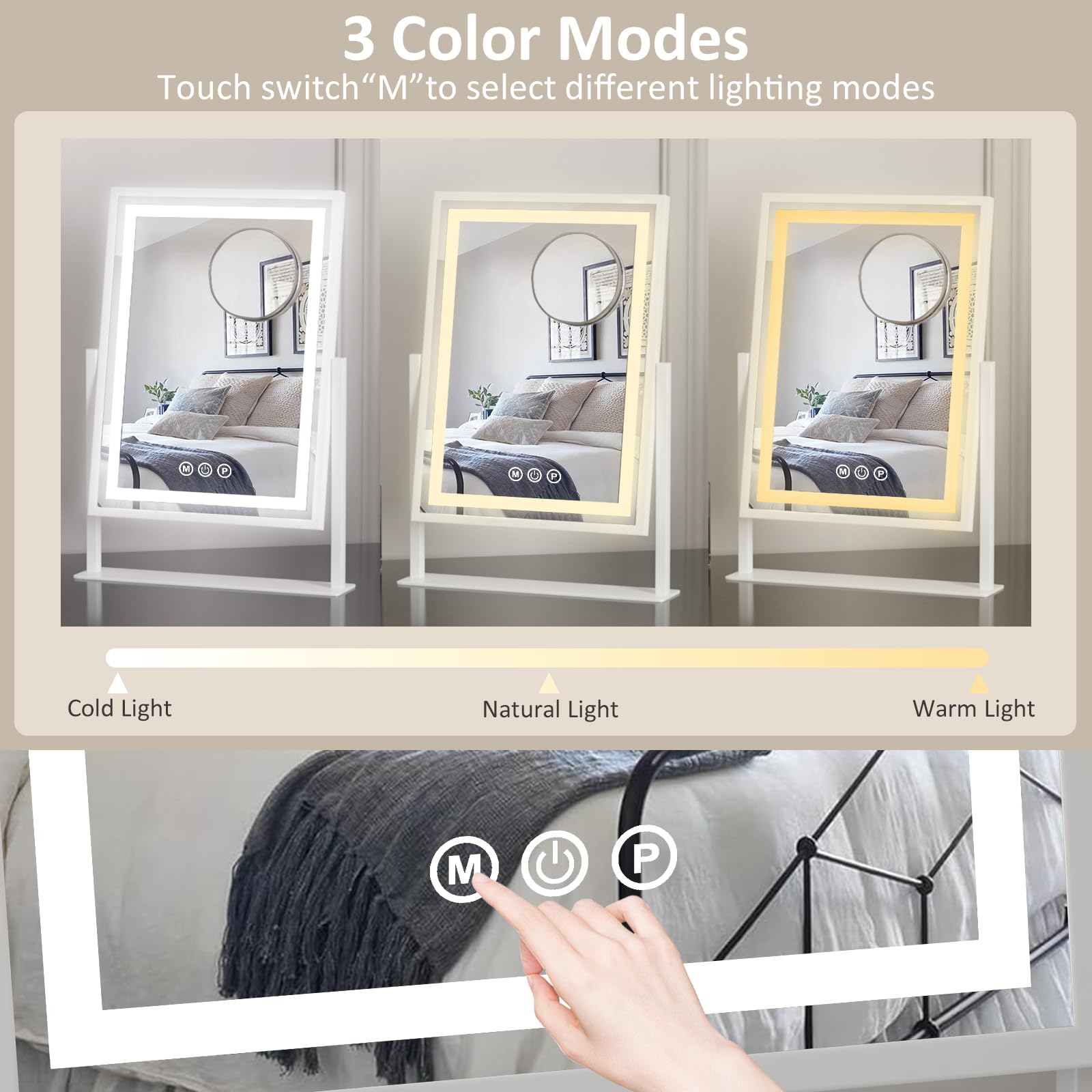 Makeup Mirror with Lighting, Hollywood-Spiegel, 3 Farbtemperaturen, einstellbare Beleuchtung, 360° drehbar, Smart-Touch-Bedienung, Abnehmbarer 10-Fach Vergrößerungsspiegel, 30 x 40 cm