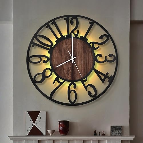 Miniatura 1 de LEIKE Reloj de pared LED grande, silencioso, sin tictac, funciona con pilas, rústico, redondo, moderno, reloj de pared de madera grande para sala de