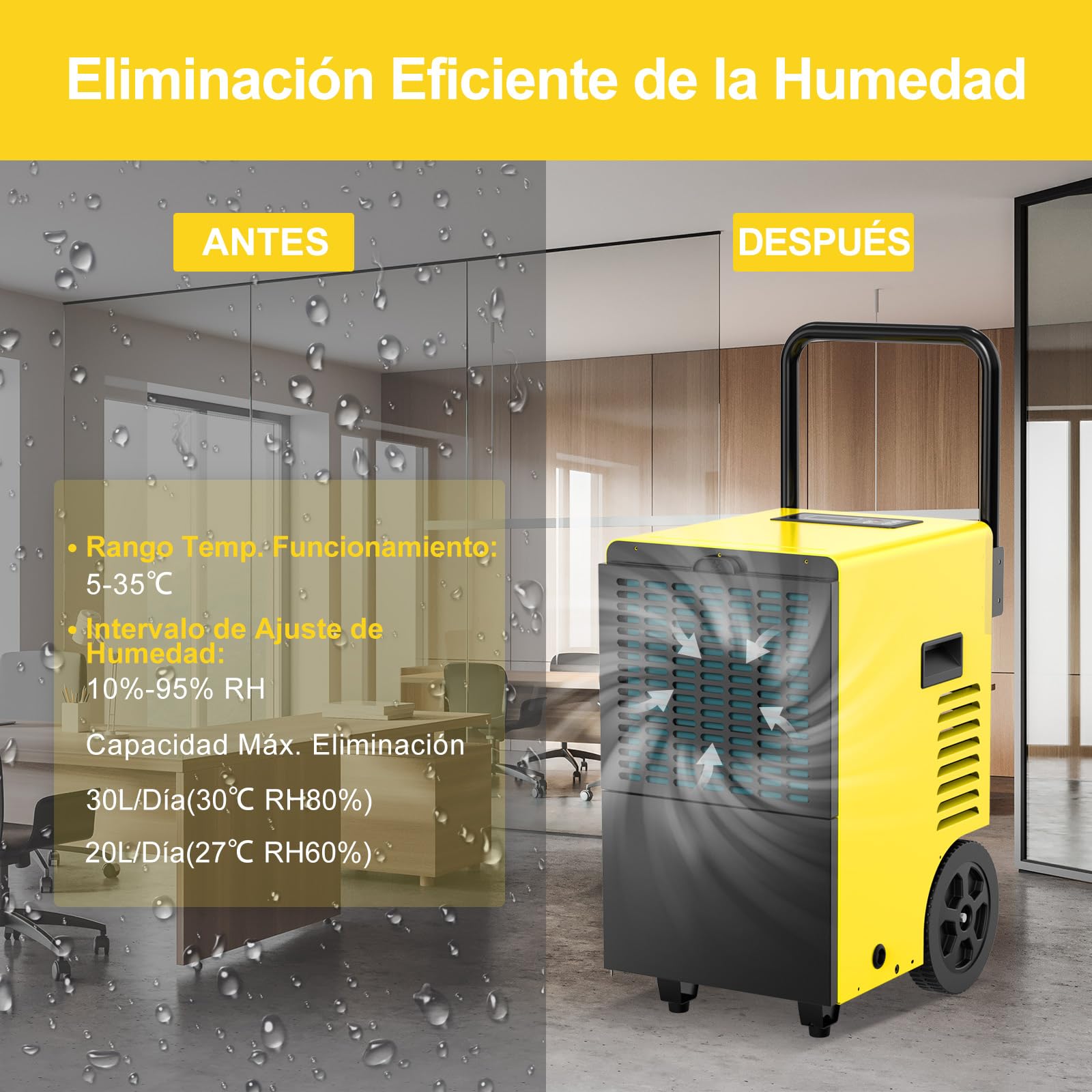 Deshumidificador Industrial Profesional 30 L/24 h, Depósito de 7 L | Deshumidificador Profesional para Sótanos, Obras hasta 90 m²/230 m³, contra la Humedad y el Moho