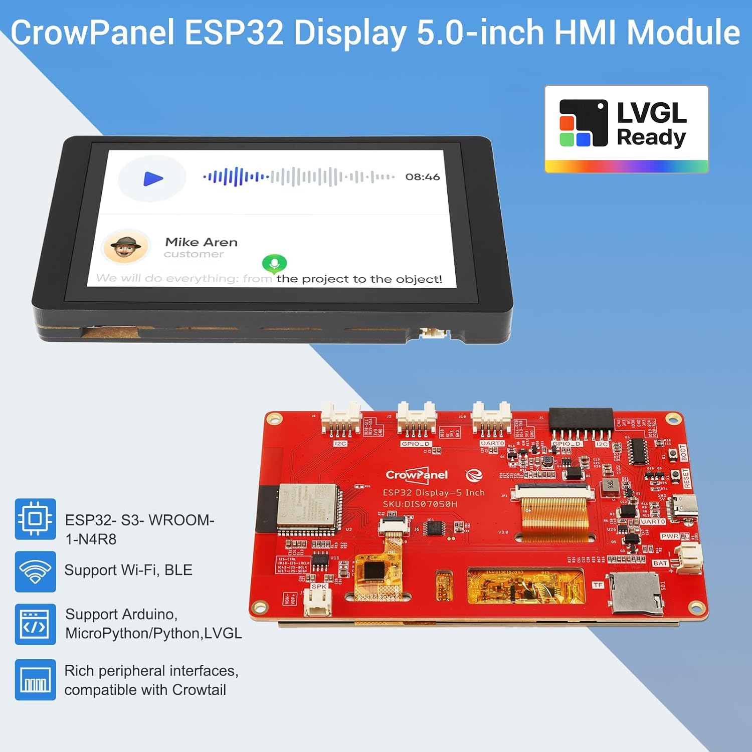 ELECROW ESP32 Display 800×480, 5 pollici HMI ESP32 RGB TFT LCD Touch Screen con custodia in acrilico, processore dual-core LX6 a 32 bit, fino a 240 MHz, compatibile con Arduino, LVGL, PlatformIO