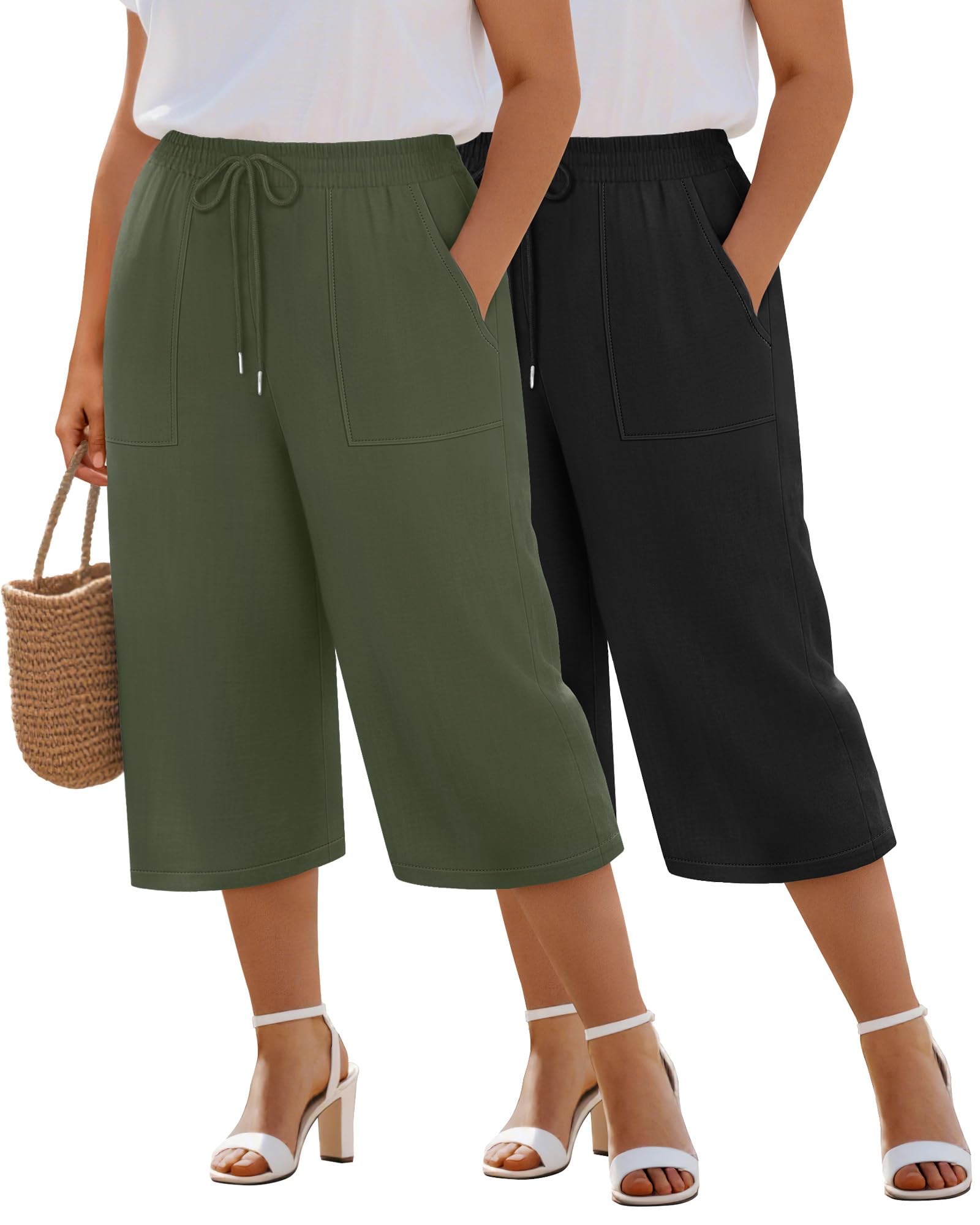 Riyiper 2 Pack Womens Plus Size Cotton Linen Blend Capri Pants Wide Leg High Waist Casual Drawstring Trouser