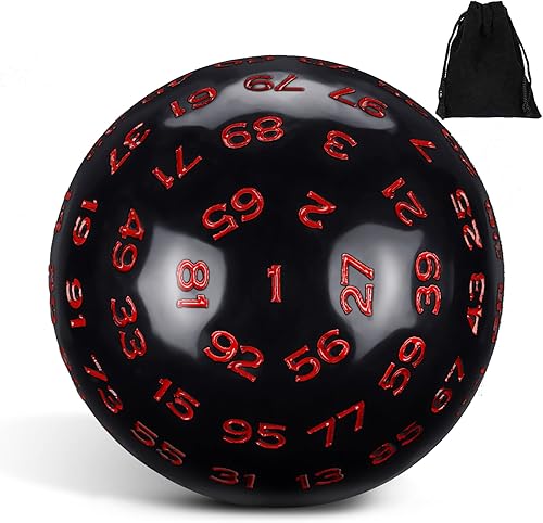 Dados poliédricos individuales D100 de 100 caras con bolsa negra, 1.772 in (base negra con números rojos)