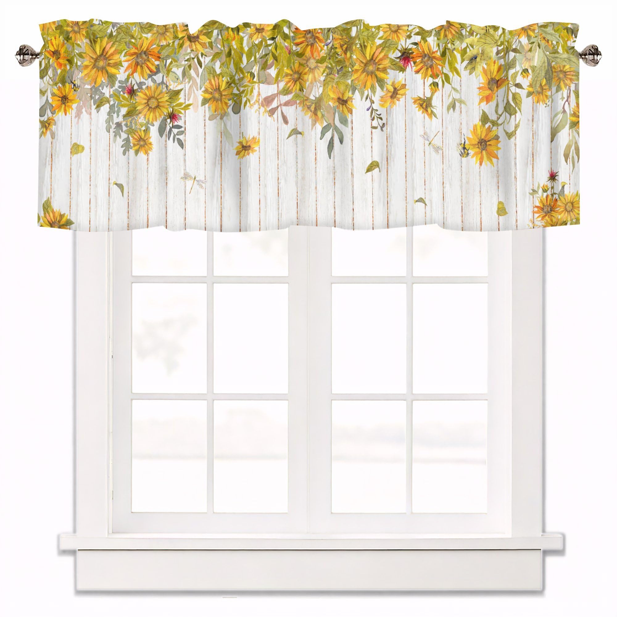 Fall Sunflower Floral Kitchen Curtain Valances for Windows 42x12 Inch