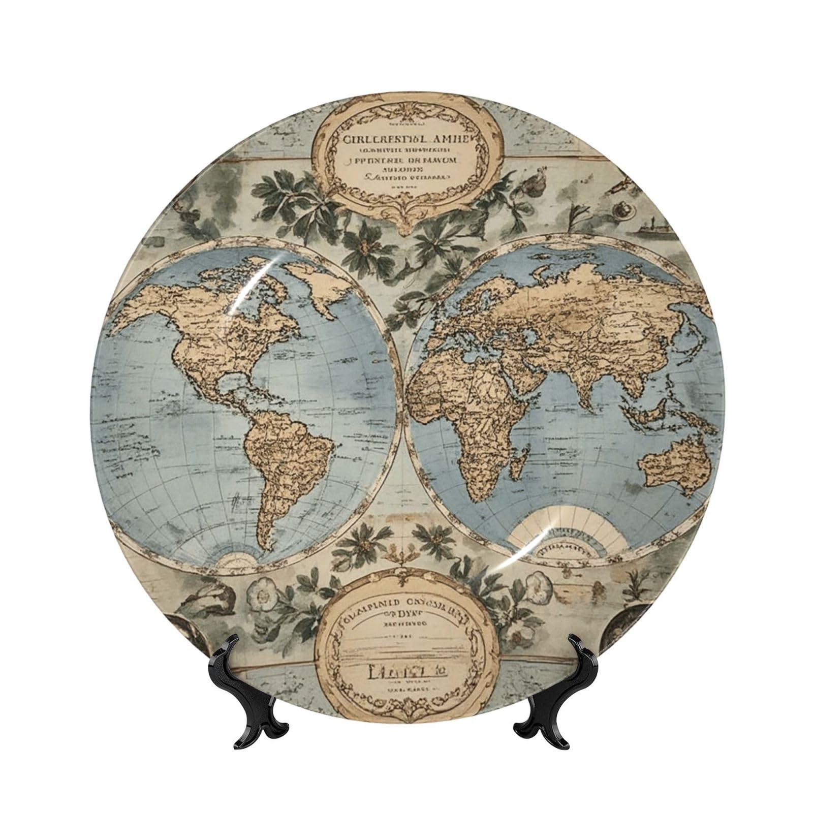 Bone China Decorative Plates 6in Ceramic Dinner Plates with Display Stand Vintage Old World Map Plate Ceramic Ornaments Art Crafts Round Display Porcelain Plate for Home Office Wall Decor