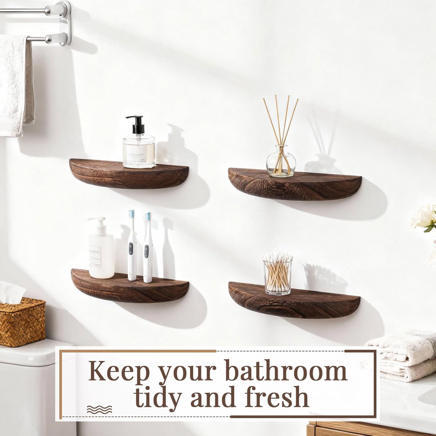 4 Pcs Solid Wood Half Round Floating Wall Shelves, Elegant Floating Wooden Shelves, 8.27 Inch Wall Shelf for Living Room, Bathroom, Bedroom, Offices, Pictures Plant Book (Dark Brown)