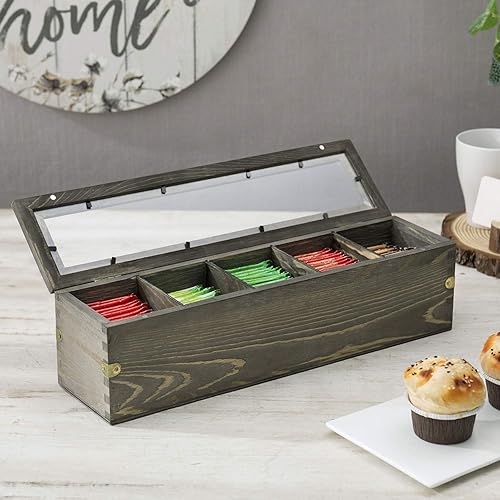 Miniatura 2 de MyGift Organizador de té de madera gris vintage con 5 compartimentos para té, paquetes de azúcar y condimentos, caja de almacenamiento de bolsa de