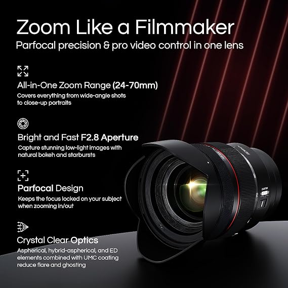 عدسة تكبير Rokinon 24-70mm F2.8 AF لكاميرا Sony E ذات الإطار الكامل، التركيز البؤري الجزئي، التركيز البؤري التلقائي السريع، مقاومة للعوامل الجوية، مطلية بـ UMC، جاهزة للفيديو السينمائي، تشغيل صامت، دعم التحكم اليدوي، مفتاح مخصص