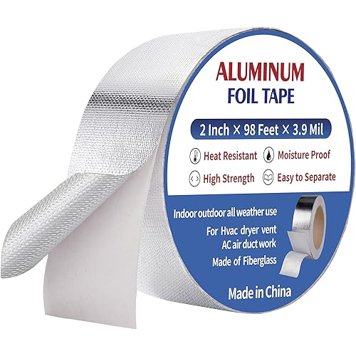 NEZUIBAN Aluminum Foil Fiberglass Tape,2 inch x 33 yd, 3.9 mil,Reinforced HVAC Tape,High Temperature Insulation Tape for Sealing and Patching Duct
