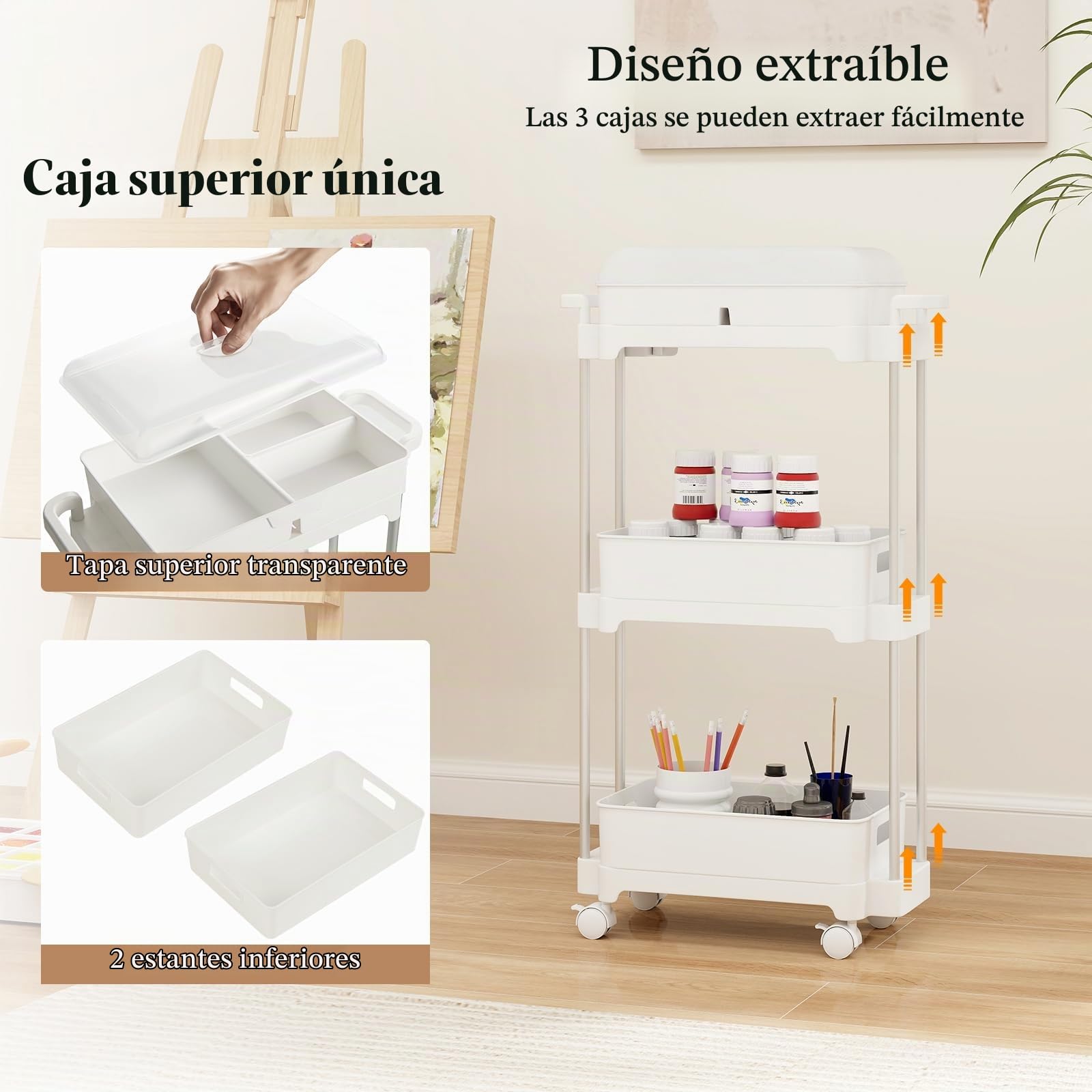 HOMASIS Carro de Servicio con 3 estantes extraíbles, Carrito de Multifuncional con Ruedas bloqueables, Carrito de Almacenamiento de Aluminio con Tapa para salón, Cocina y Oficina, 46x21x82cm, Blanco