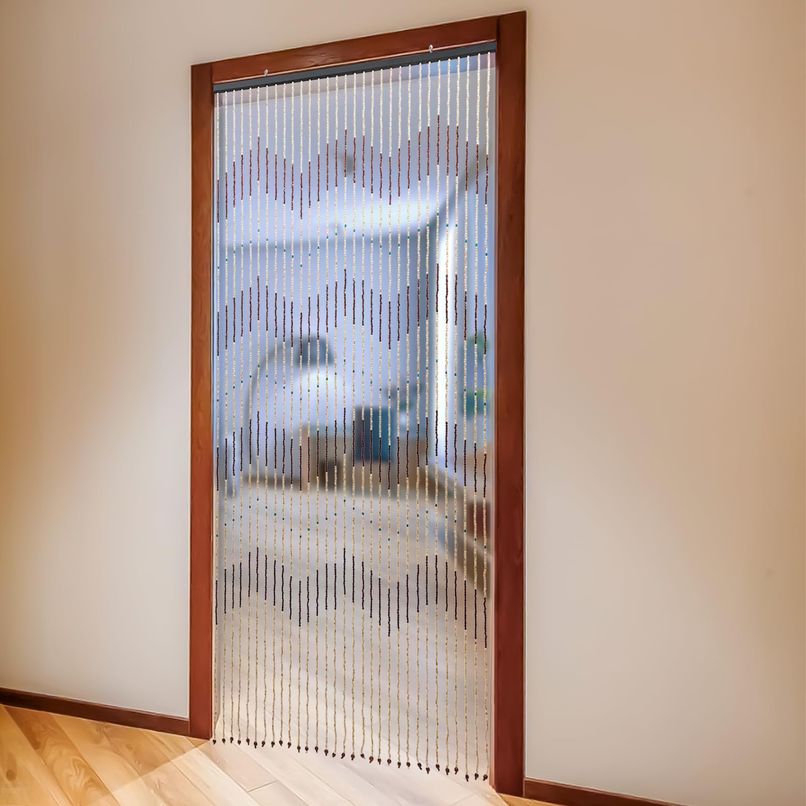 Rideau de porte en perles - Rideau isolant thermique - En bois - 220 cm x 90 cm - Perles en bambou - Séparateur de pièce - Décoration - Mouches - Anti-moustiques
