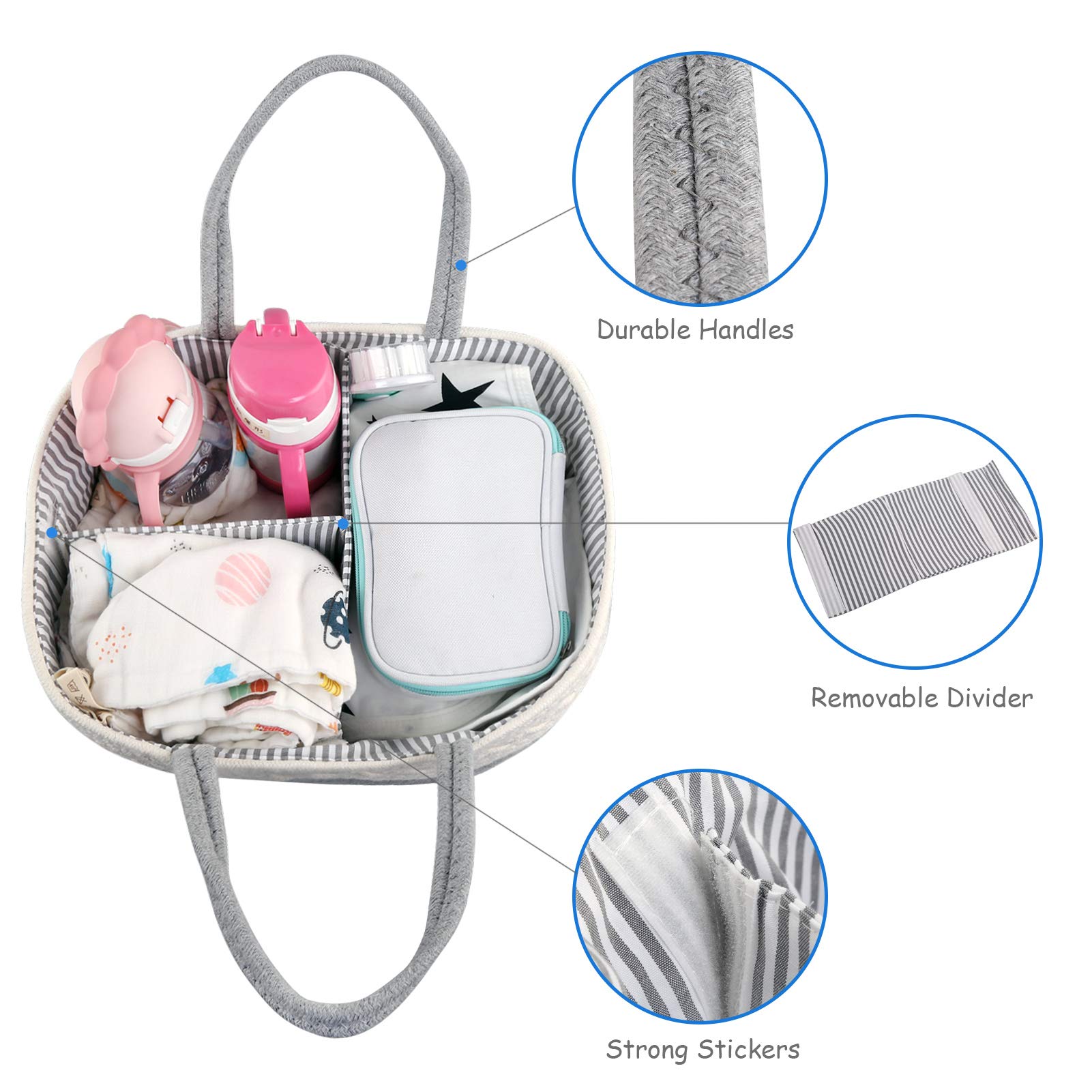 Ballery Baby Pannolino Caddy Organizer, 3 Scomparti Portatile per Bambini, Cestino Portaoggetti per Pannolini, Organizer da Auto con Divisorio, Doccia Neonato Cesto Regalo Corda di Cotone