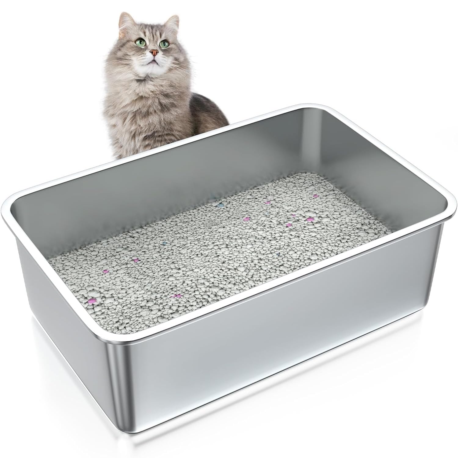 Jesir Cajas de Arena para Gatos de Acero Inoxidable,Bandeja Sanitaria metálica Extragrande, Apta para Gatos/Conejos,A Prueba de Salpicaduras para Una Fácil Limpieza con Agua (40X30X10CM)