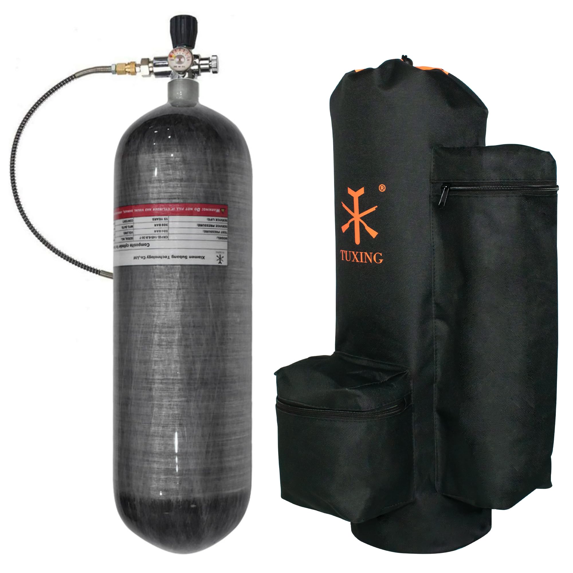 TUXING Réservoir d'air 6.8L en Fibre de Carbone 4500psi avec Sac de Transport, Système d'air comprimé PCP Paintball avec Valve régulateur jauge pour PCP Air Rifles Diving Scuba