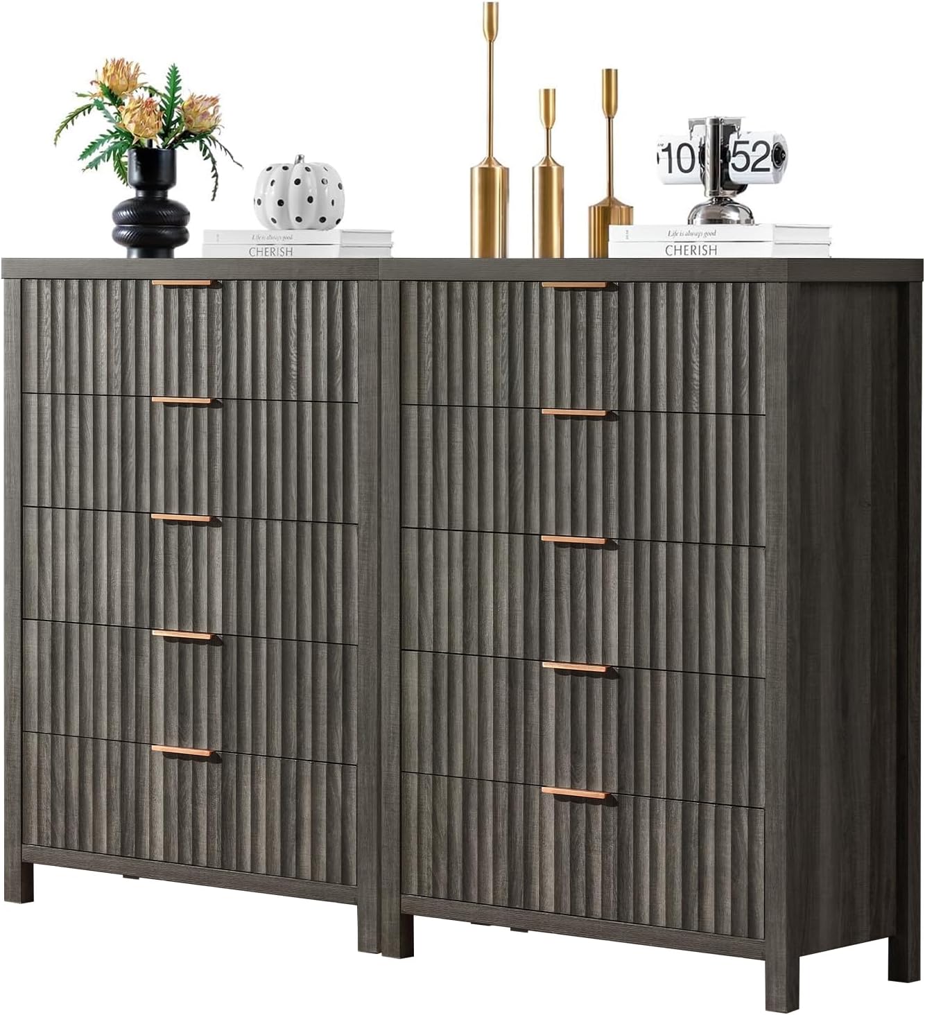 5 Drawers Dresser for Bedroom, 44 Inches Tall Modern Bedroom Dressers, Chest of Drawers for Bedroom, Fluted Dresser for Closet Organizer for Living Room, Hallway, Entryway (Midnight Oak, 2 Pieces)