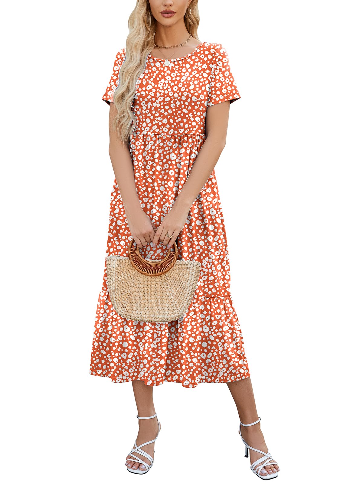 Women's Summer Maxi Dress 2025 Casual Short Sleeve Crewneck Flowy Swing Tiered Long Beach Dresses with Pockets