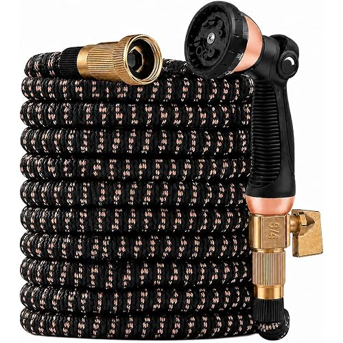 100ft Expandable Garden Hose Flexibility,Lightweight,Flexible, No-Kink | Retractable Water Hose with 10-Function Spray Nozzle,3/4" Solid Brass Fittings,3750D Fabric,Latex Core,durable Leak-Proof