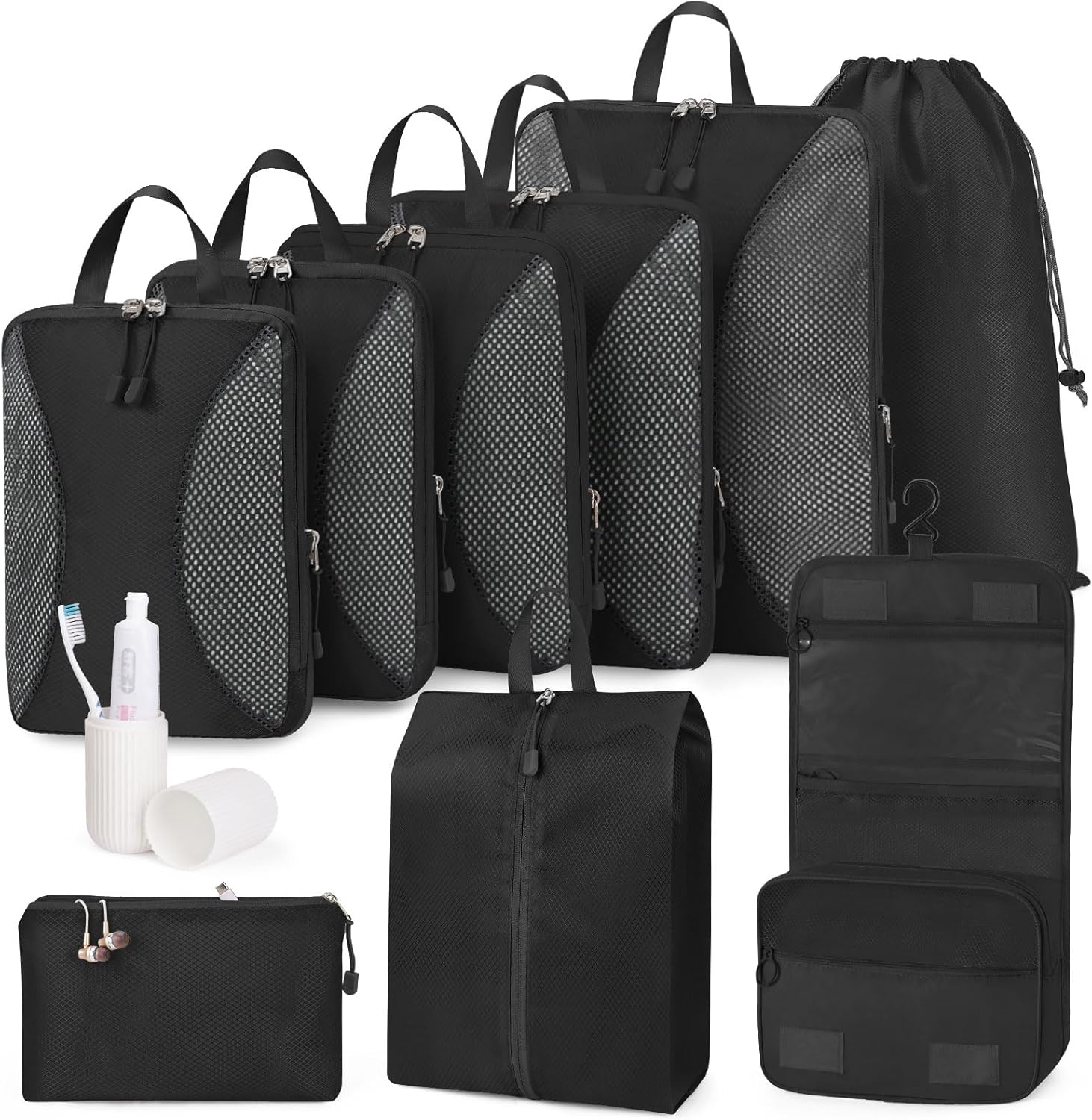 Anjing Compression Packing Cubes 10 Set, Suitcase Organiser Bags, Travel Cubes for Suitcases, Luggage Organiser Packing Bags, Flight Cruise Holiday Essentials, Black