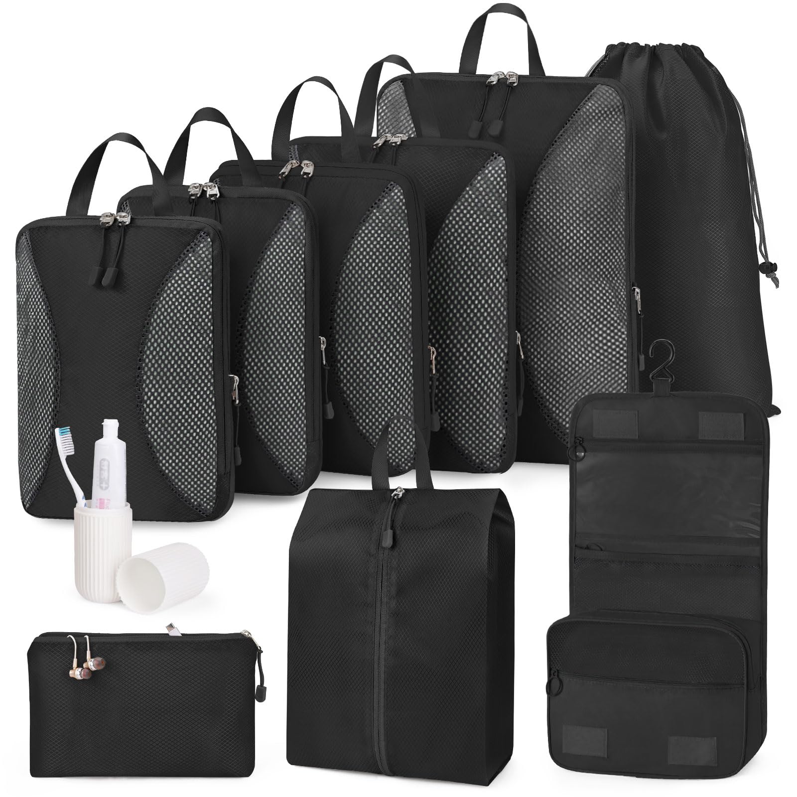Anjing Lot de 10 cubes de rangement de compression, organiseurs de bagages, sacs de rangement extensibles pour valises, cubes de rangement de voyage pour essentiels de voyage, noir