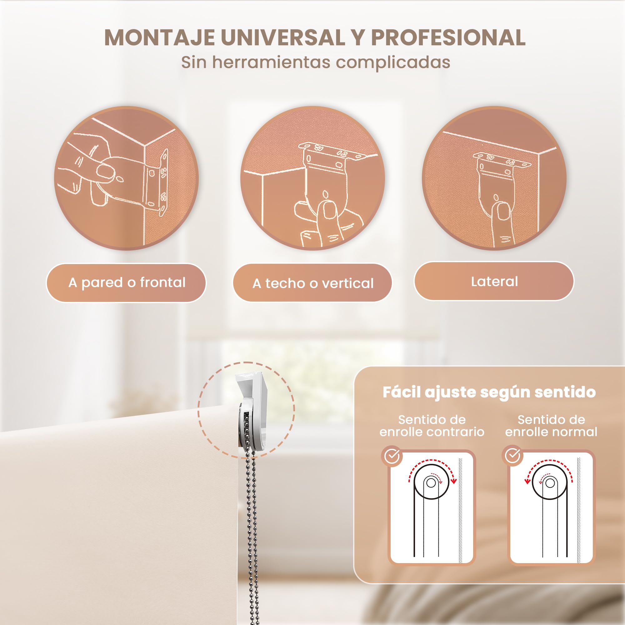 Estor Enrollable Translúcido Arena a Medida 120x180 cm – Luz Natural con Privacidad Día y Noche – Persiana para Ventanas, Puertas, Balconeras, Cocina u Oficina – Instalación en Pared, Techo o Lateral