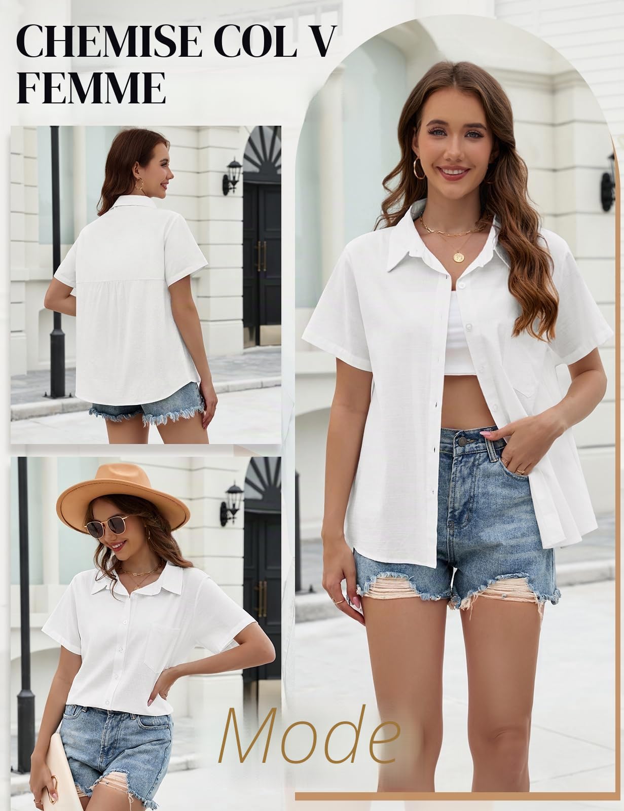 Chemise Femme Manche Courte Chemisier Chic et Élégant Blouse Coton Lin Haut Été Tops Col en V Tunique D'été avec Boutons Décontractés T-Shirt Ample Couleur Unie