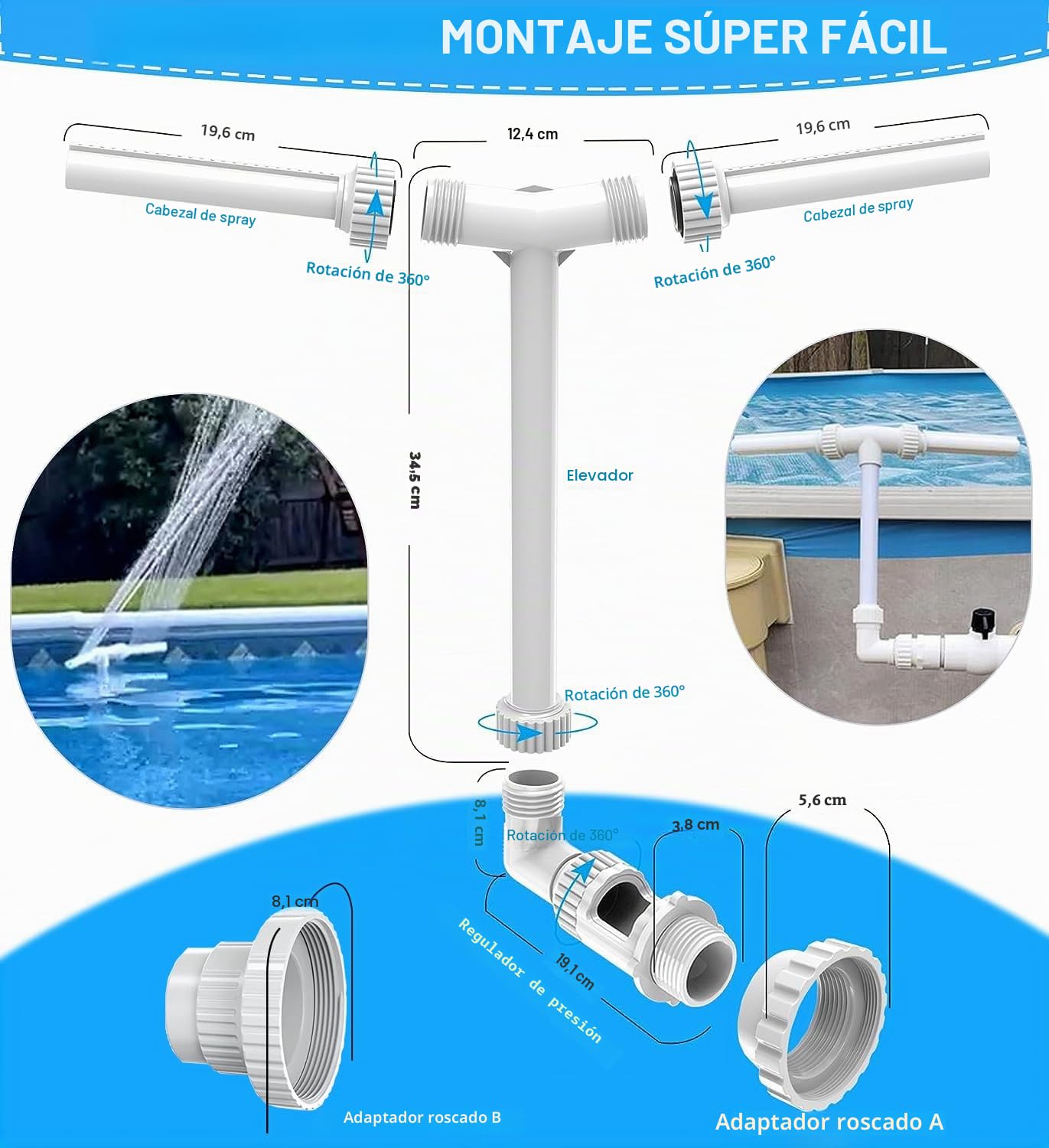 Fuente de Piscina Ajustable 2 en 1 - Accesorios de Doble Chorro para Piscina Fuera del Suelo/Subterráneo - Riego de Jardín al Aire Libre