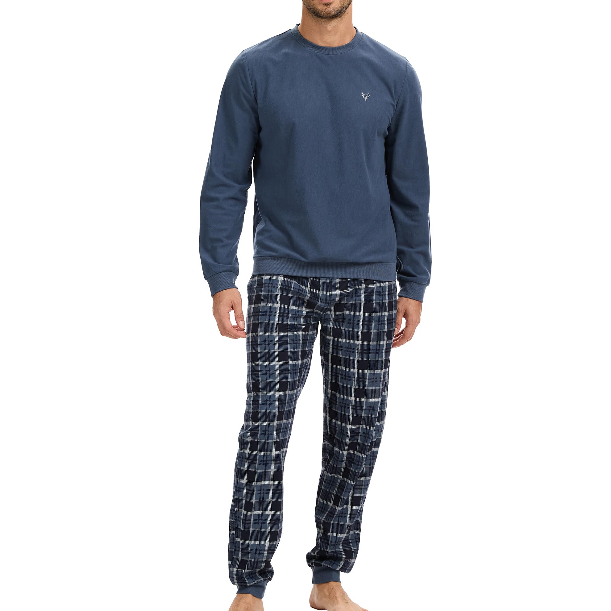 The Essentials Wardrobe Mens Fleece Pyjama Set with Long Sleeve T-Shirt & Bottom Pants Sle...