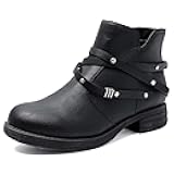 Women's Ankle Boots - Classic Side Zip, Cover with Buckle Strap, Round Toe, Comfortable Platform, Low Chunky Heel Comfort Slip On Fashion (Black/Dark Brown/Grey) Boots.